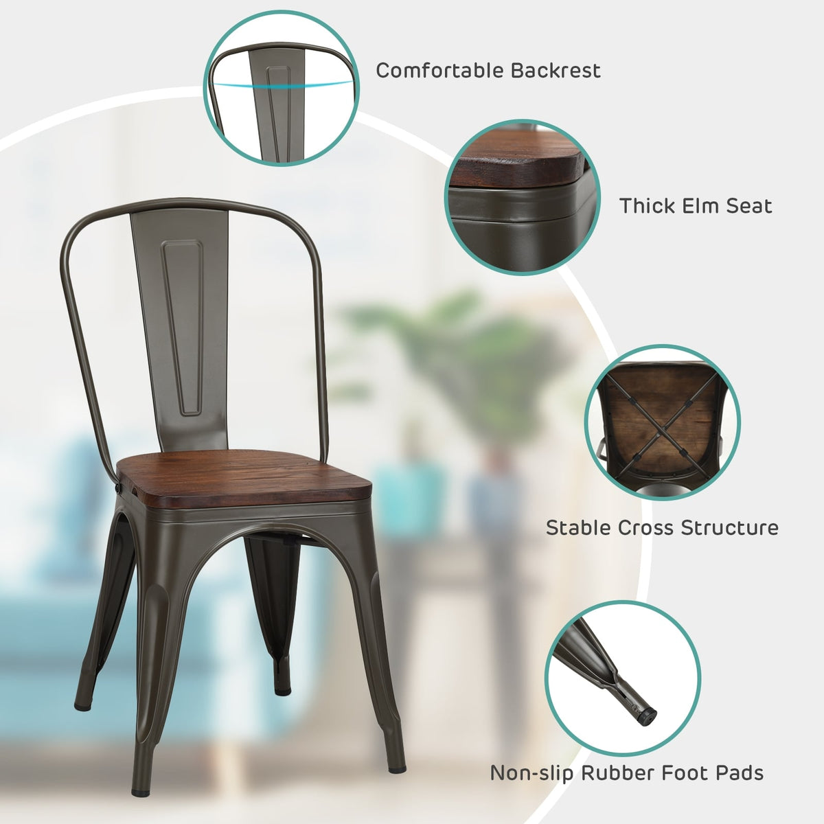 18 Inch Height Set of 4 Stackable Style Metal Wood Dining Chair-Dark Green-Dining Chairs-DECOROLALA