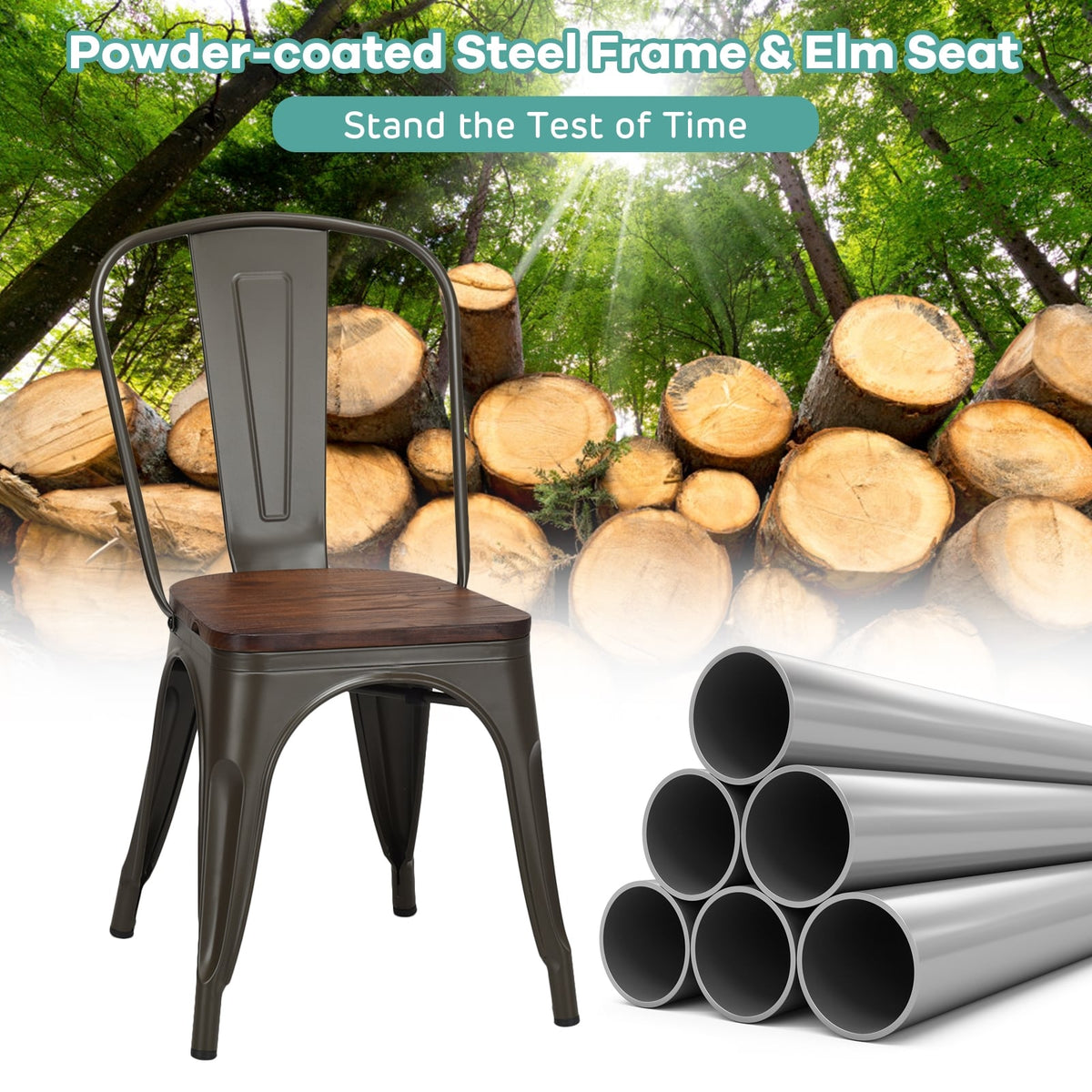 18 Inch Height Set of 4 Stackable Style Metal Wood Dining Chair-Dark Green-Dining Chairs-DECOROLALA