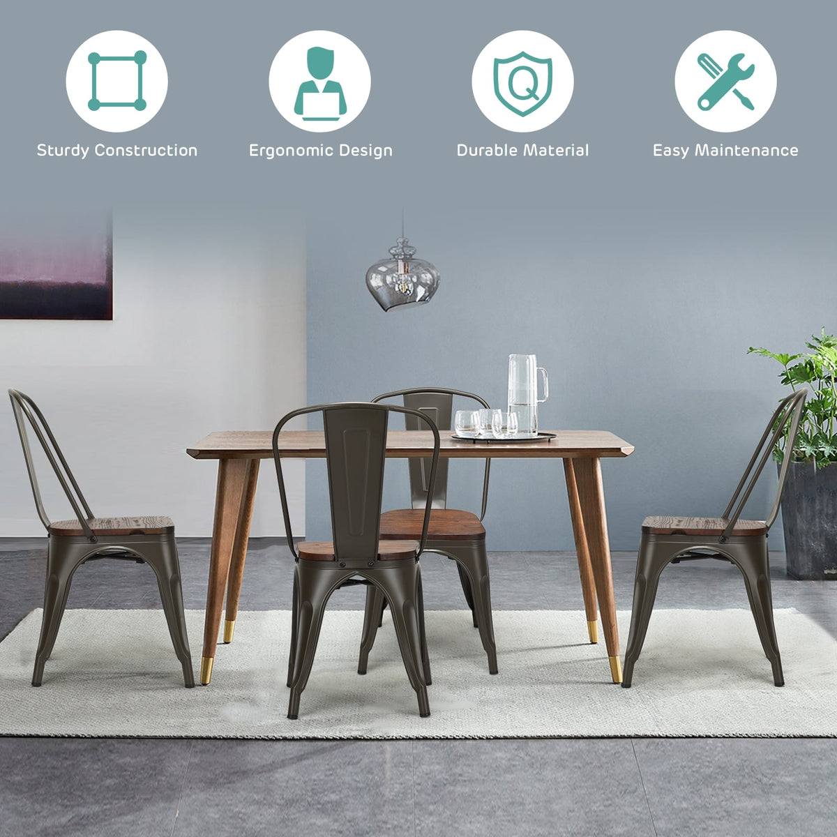 18 Inch Height Set of 4 Stackable Style Metal Wood Dining Chair-Dark Green-Dining Chairs-DECOROLALA