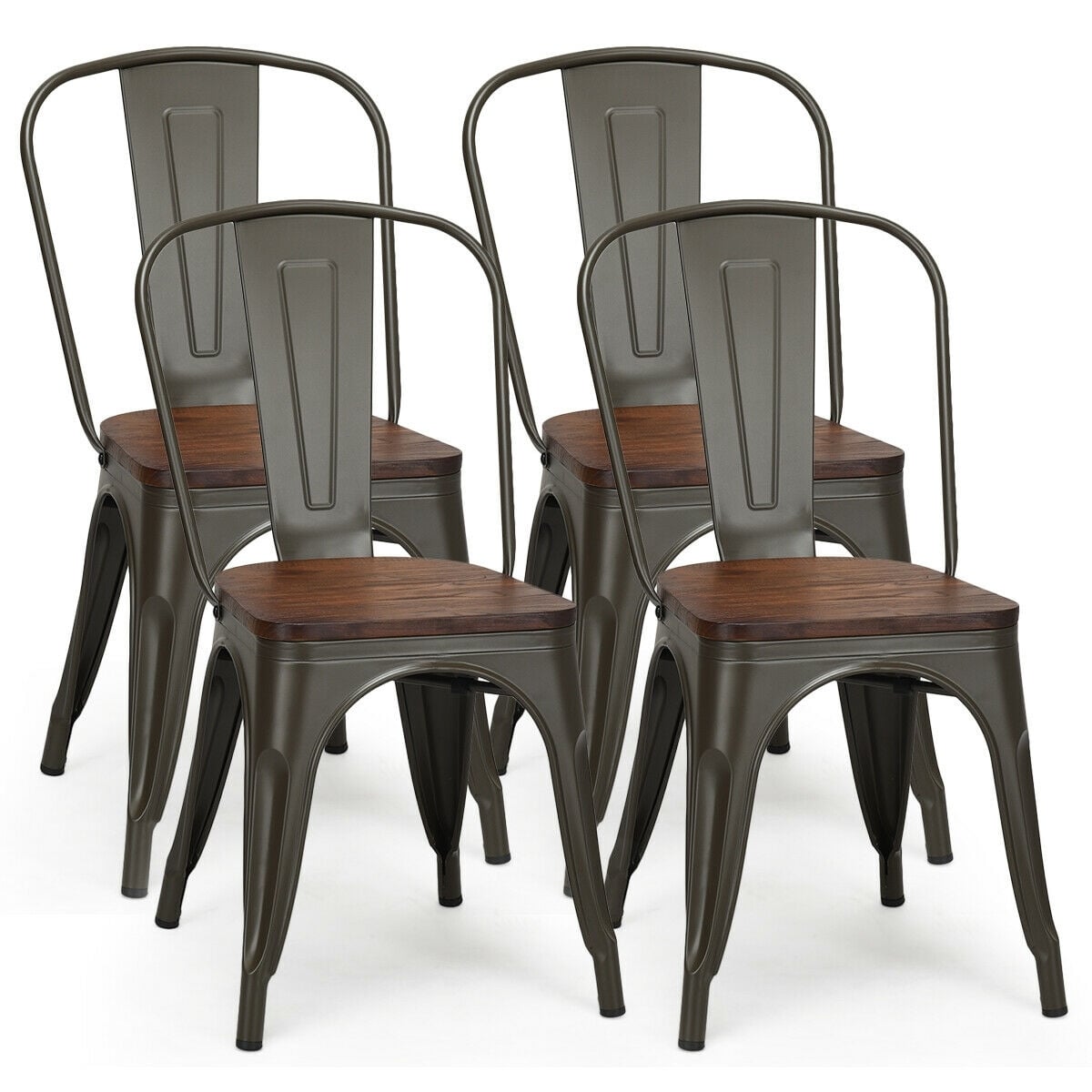 18 Inch Height Set of 4 Stackable Style Metal Wood Dining Chair-Dark Green-Dining Chairs-DECOROLALA