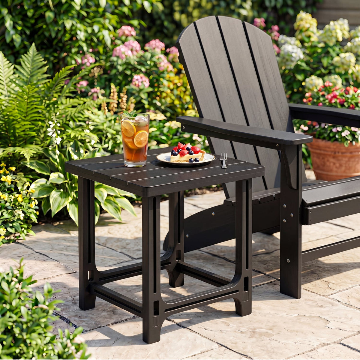 18 Inch Outdoor Adirondack Side Table with Slatted Surface-Black-Patio Coffee Tables-DECOROLALA