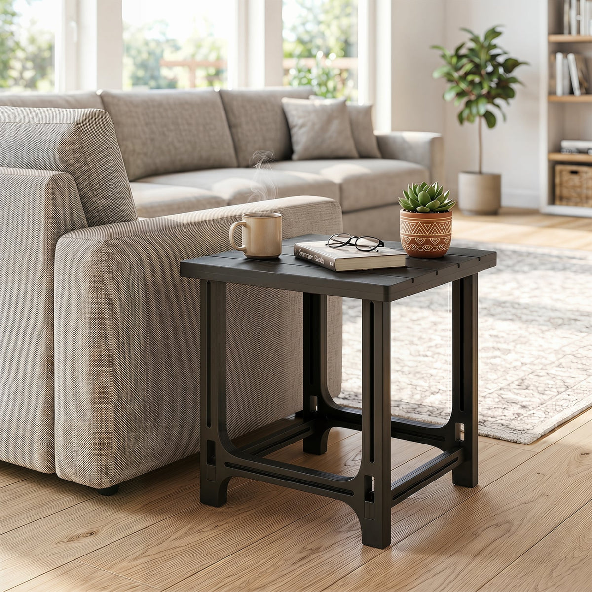 18 Inch Outdoor Adirondack Side Table with Slatted Surface-Black-Patio Coffee Tables-DECOROLALA