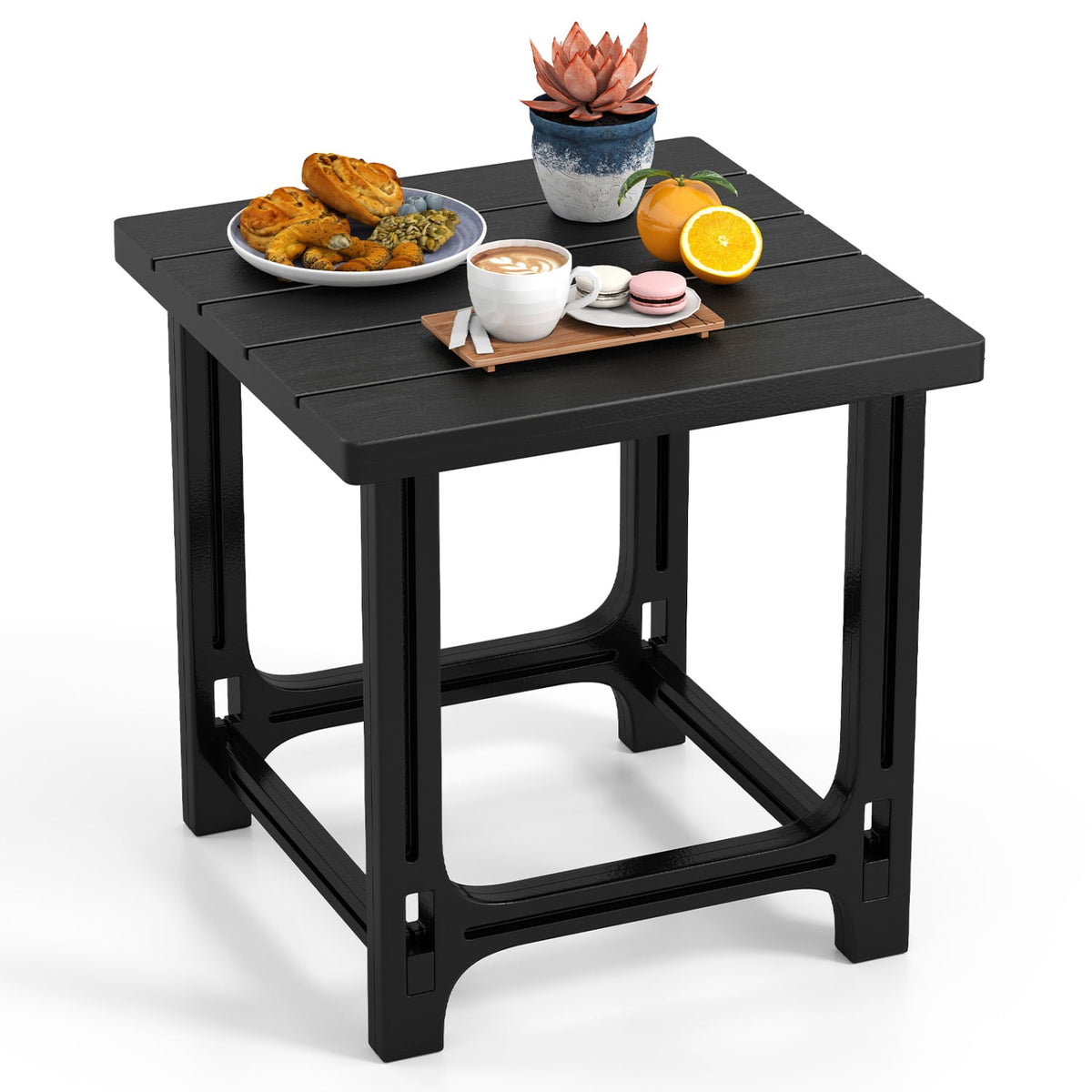 18 Inch Outdoor Adirondack Side Table with Slatted Surface-Black-Patio Coffee Tables-DECOROLALA