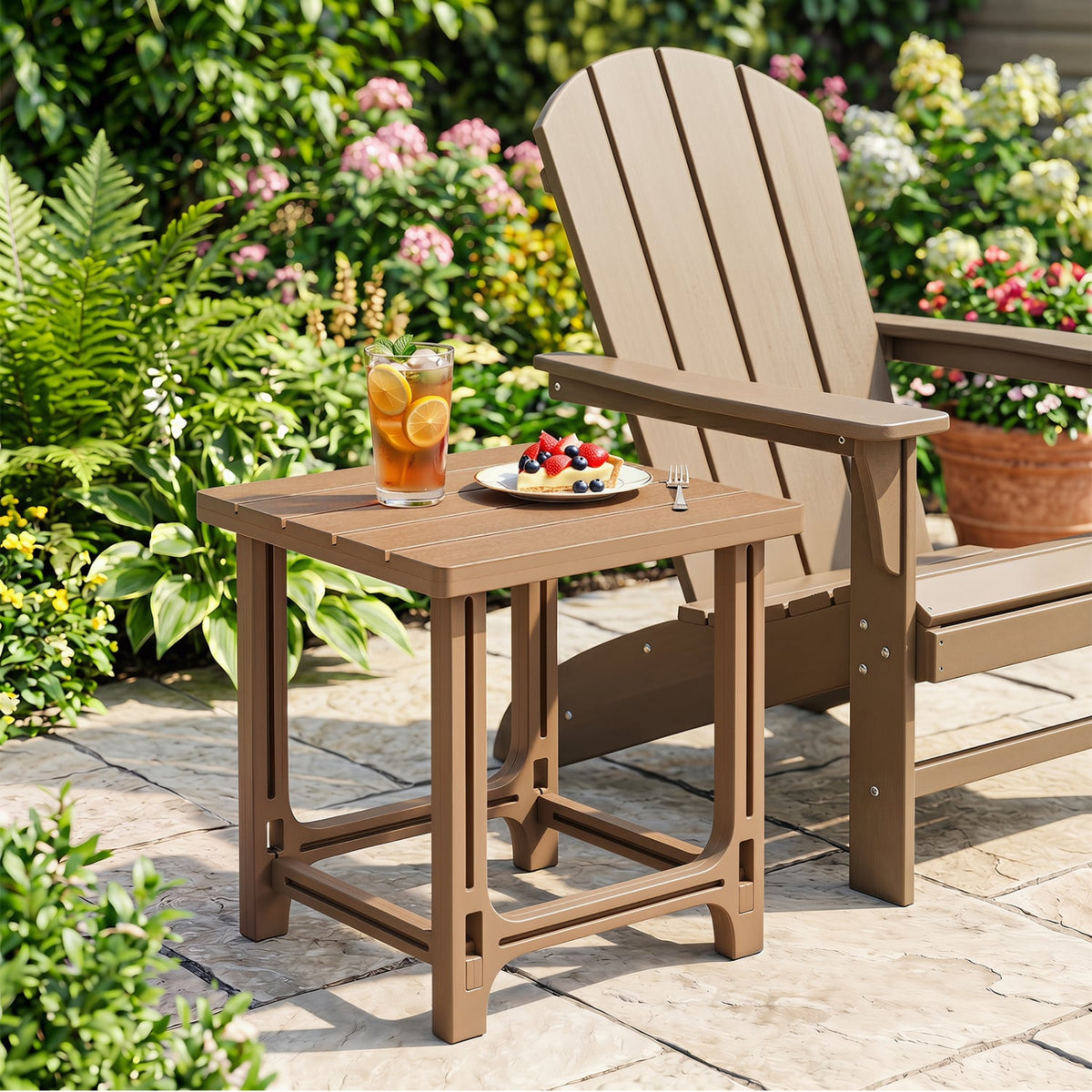 18 Inch Outdoor Adirondack Side Table with Slatted Surface-Brown-Patio Coffee Tables-DECOROLALA