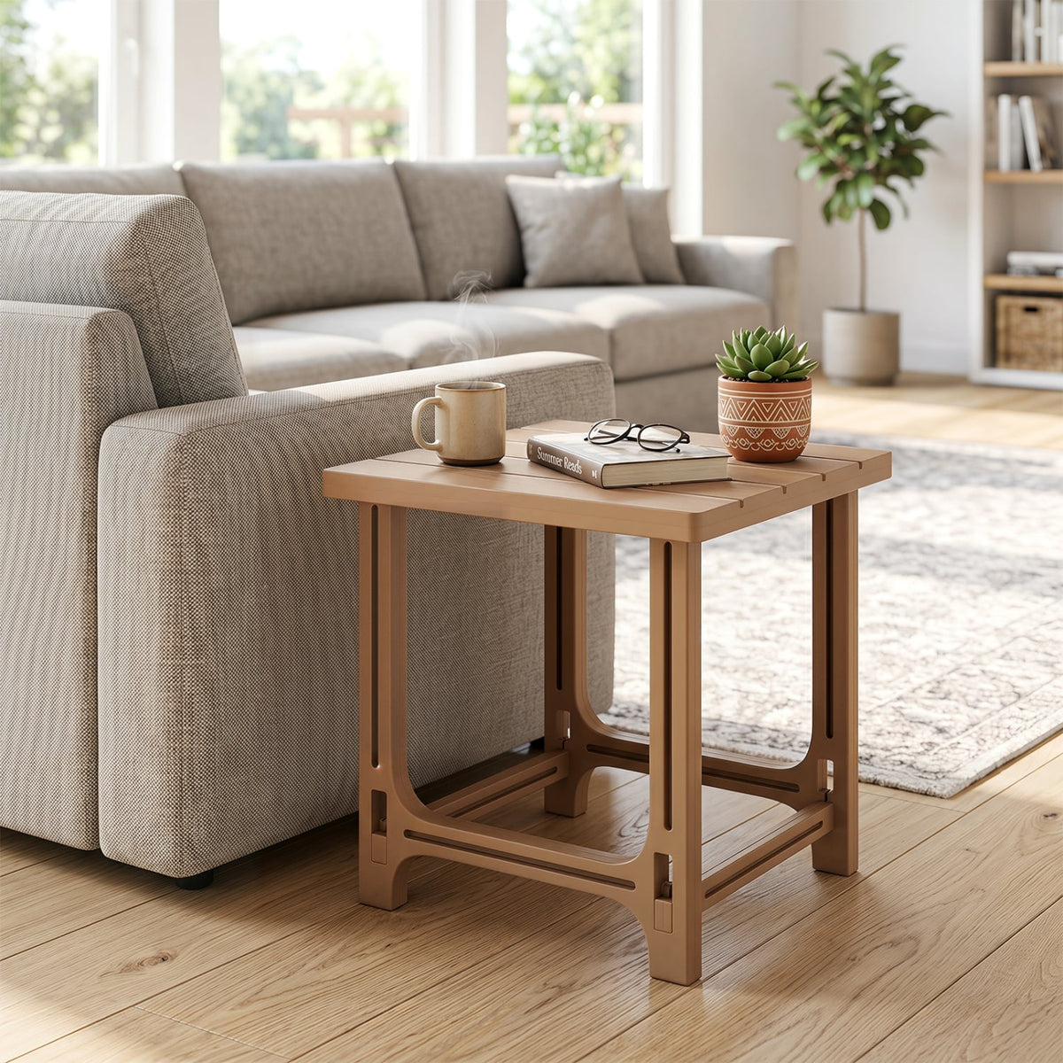 18 Inch Outdoor Adirondack Side Table with Slatted Surface-Brown-Patio Coffee Tables-DECOROLALA