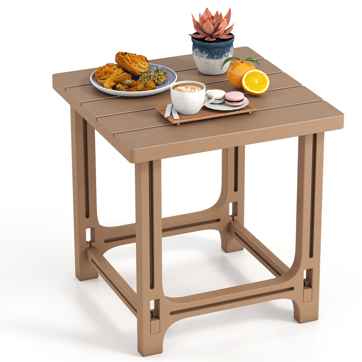 18 Inch Outdoor Adirondack Side Table with Slatted Surface-Brown-Patio Coffee Tables-DECOROLALA