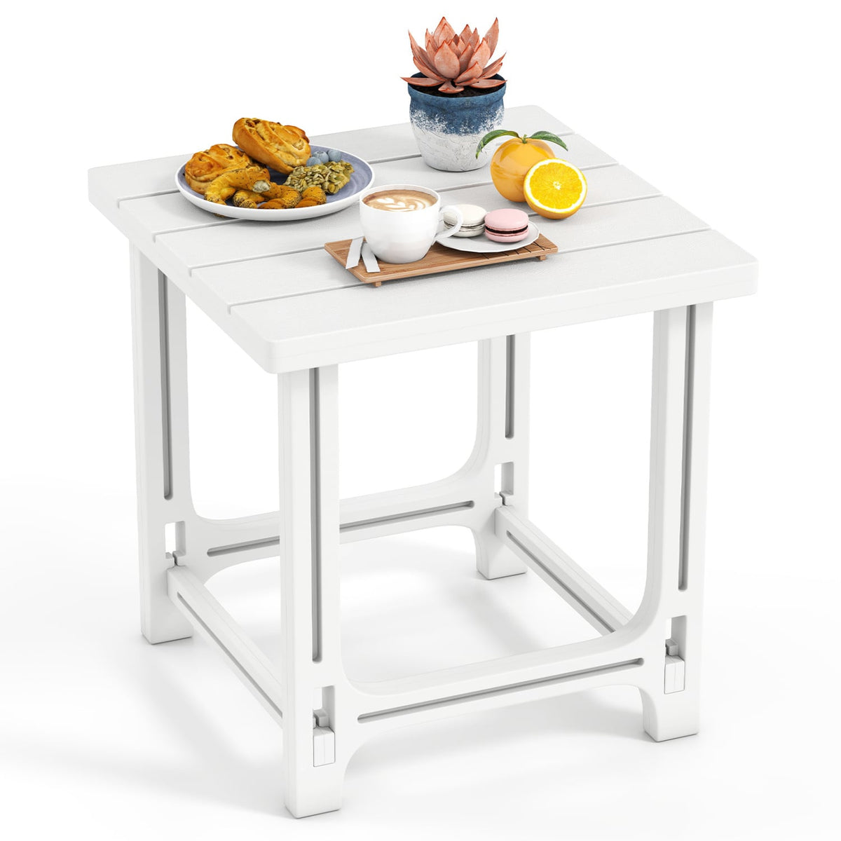 18 Inch Outdoor Adirondack Side Table with Slatted Surface-White-Patio Coffee Tables-DECOROLALA