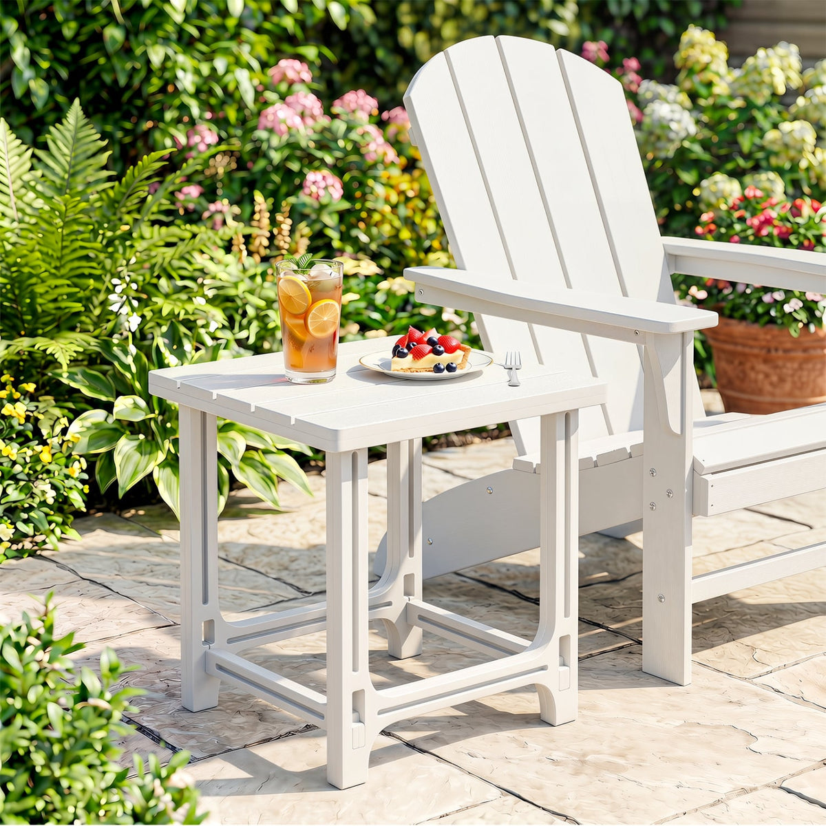18 Inch Outdoor Adirondack Side Table with Slatted Surface-White-Patio Coffee Tables-DECOROLALA