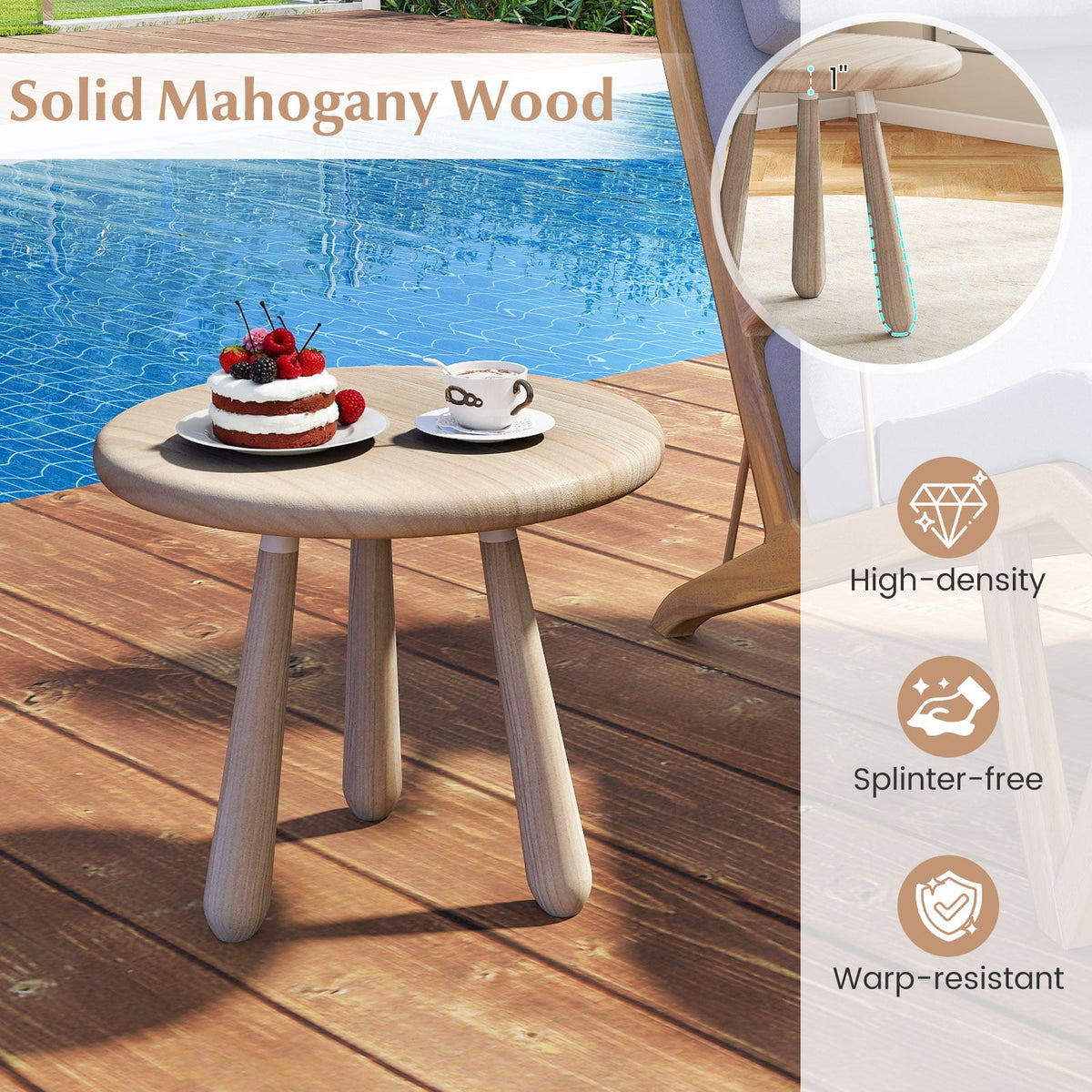 18 Inch Outdoor Mahogany Wood Side Table with Thickened Board-End & Side Tables-DECOROLALA