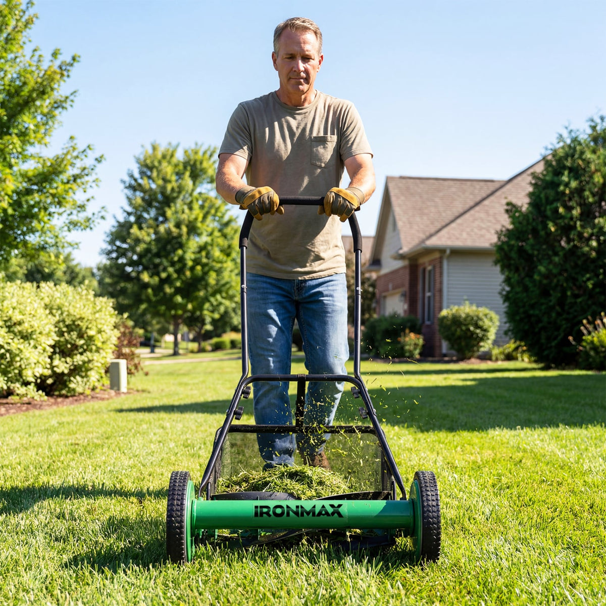 18 Inch Push Reel Lawn Mower 4-Position Adjustable with Removable Grass Catcher-Green-Lawn Care Tools-DECOROLALA