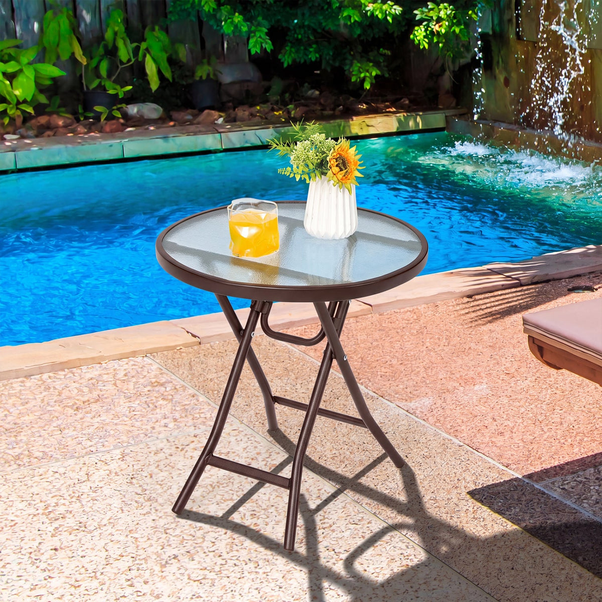 18 Inch Round Patio Side Table with Tempered Glass Top-Brown-Patio Coffee Tables-DECOROLALA