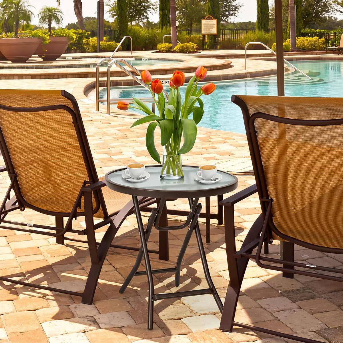 18 Inch Round Patio Side Table with Tempered Glass Top-Brown-Patio Coffee Tables-DECOROLALA