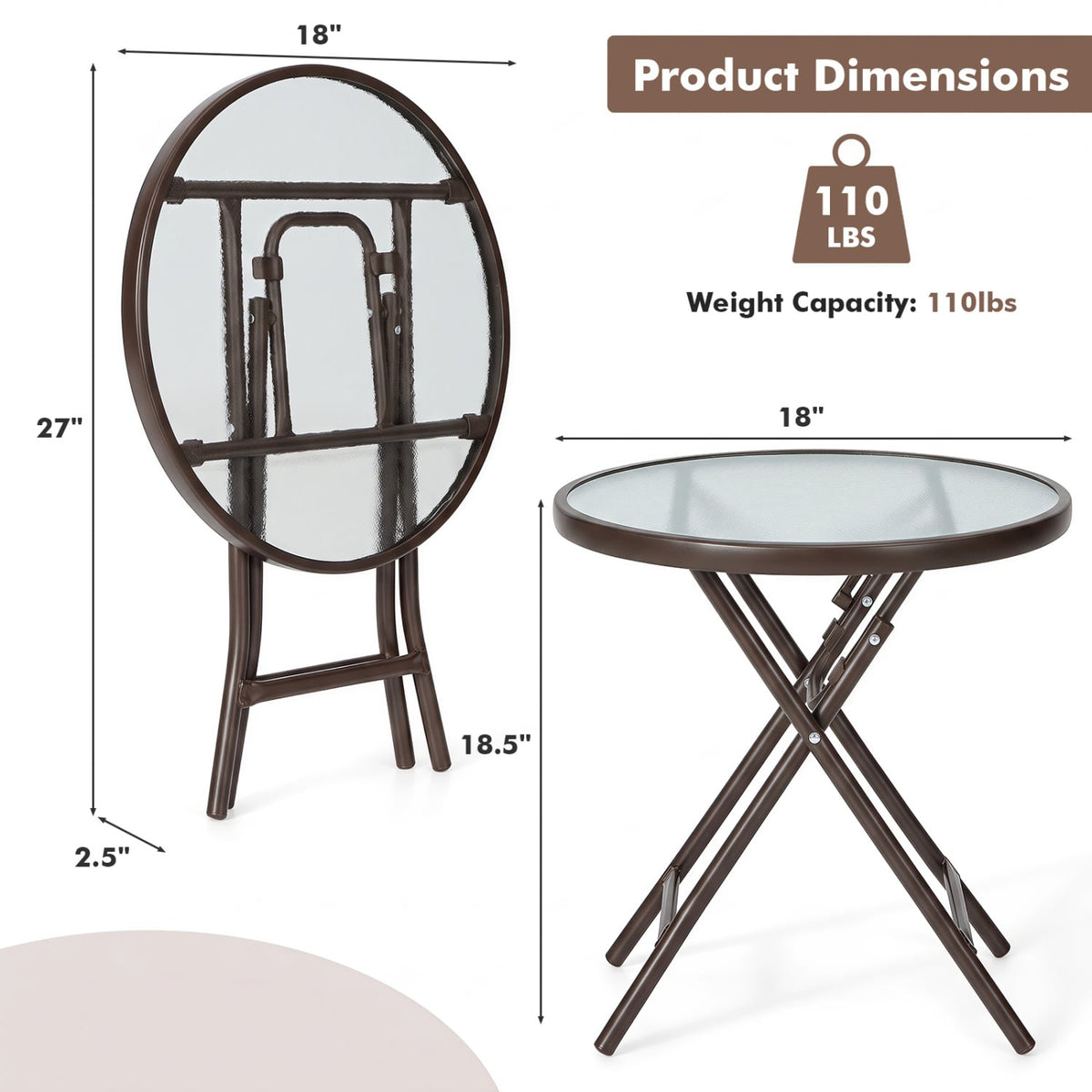 18 Inch Round Patio Side Table with Tempered Glass Top-Brown-Patio Coffee Tables-DECOROLALA