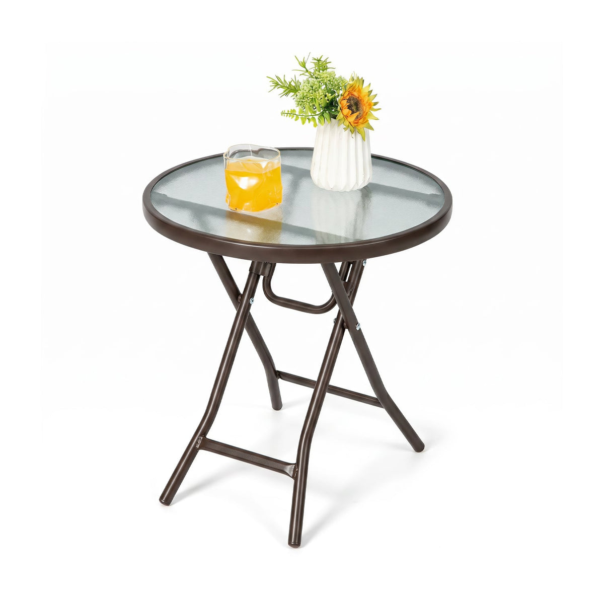 18 Inch Round Patio Side Table with Tempered Glass Top-Brown-Patio Coffee Tables-DECOROLALA