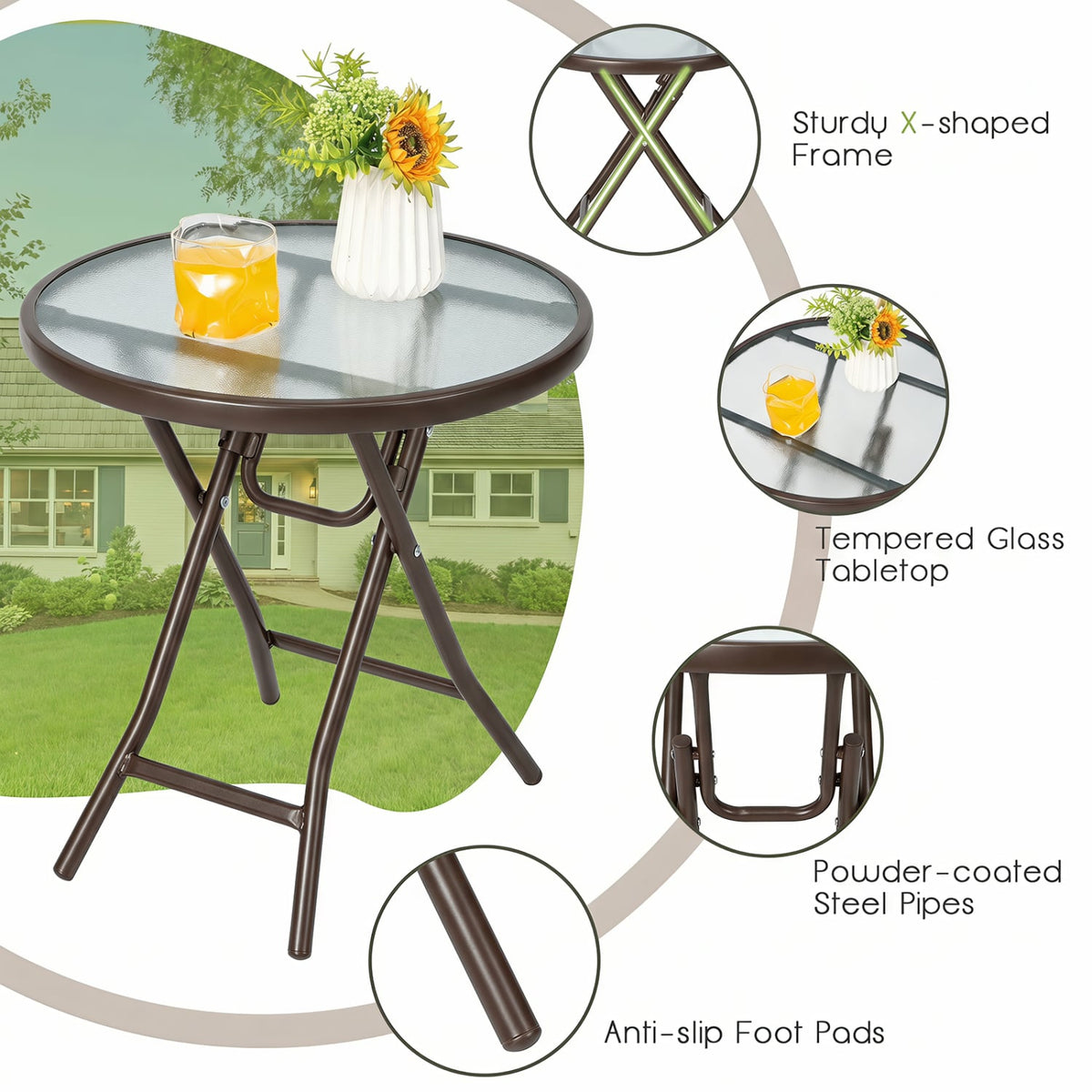 18 Inch Round Patio Side Table with Tempered Glass Top-Brown-Patio Coffee Tables-DECOROLALA