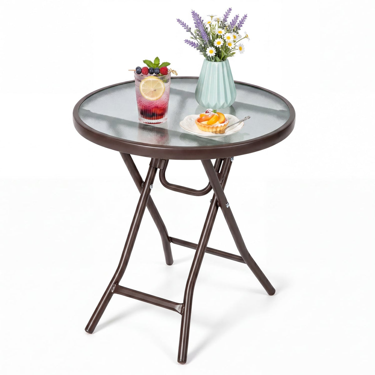 18 Inch Round Patio Side Table with Tempered Glass Top-Brown-Patio Coffee Tables-DECOROLALA