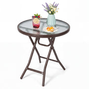 18 Inch Round Patio Side Table with Tempered Glass Top-Brown-Patio Coffee Tables-DECOROLALA