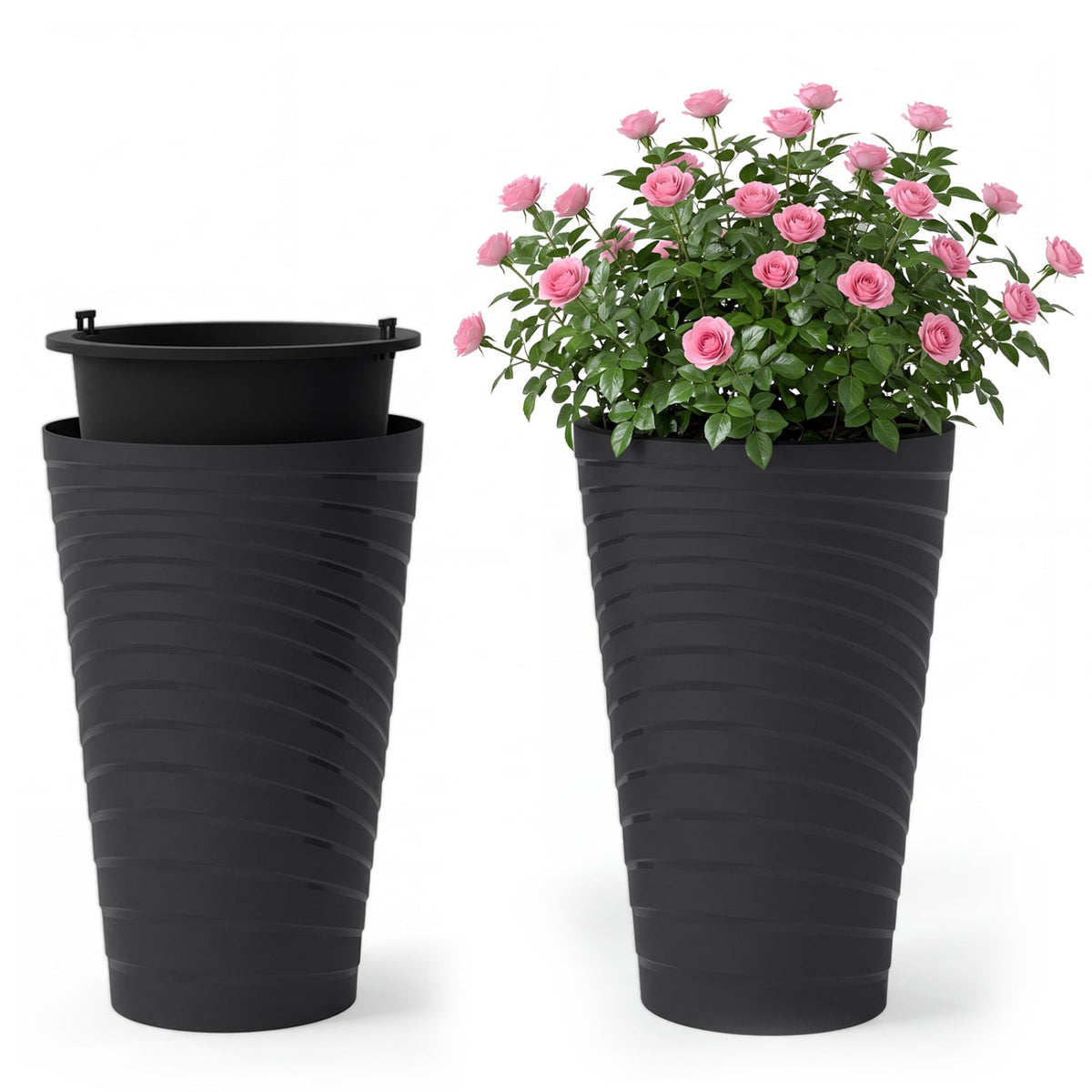 18 Inch Tall Flower Pot Set of 2 with Insert Bucket and Handle Design-Black-Raised Garden Beds-DECOROLALA