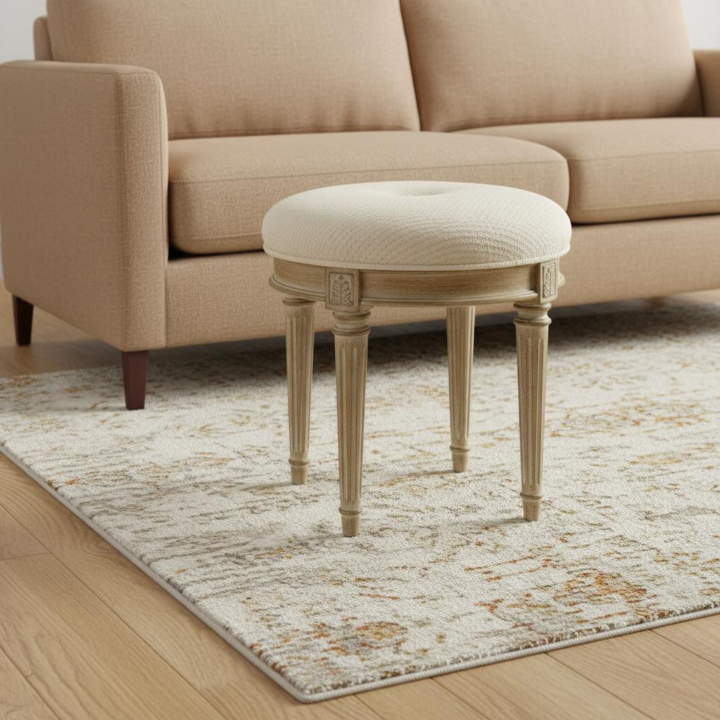 18" Ivory Polyester Blend And Brown Ottoman-Ottomans-DECOROLALA