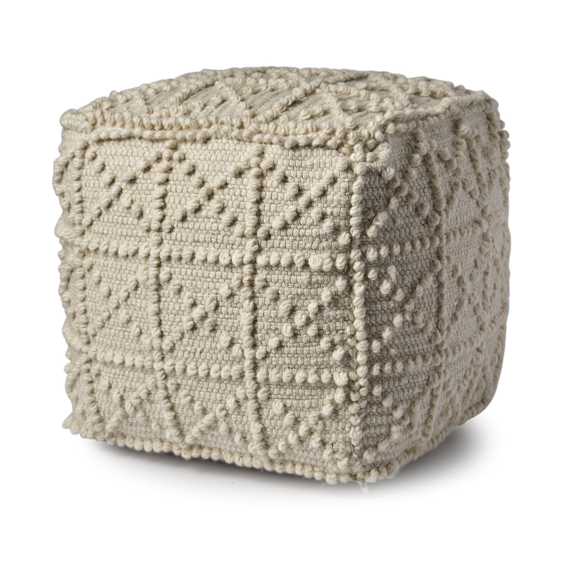 18" Ivory Wool Knubby Geometric Cube Pouf Ottoman-Ottomans-DECOROLALA
