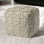 18" Ivory Wool Knubby Geometric Cube Pouf Ottoman-Ottomans-DECOROLALA