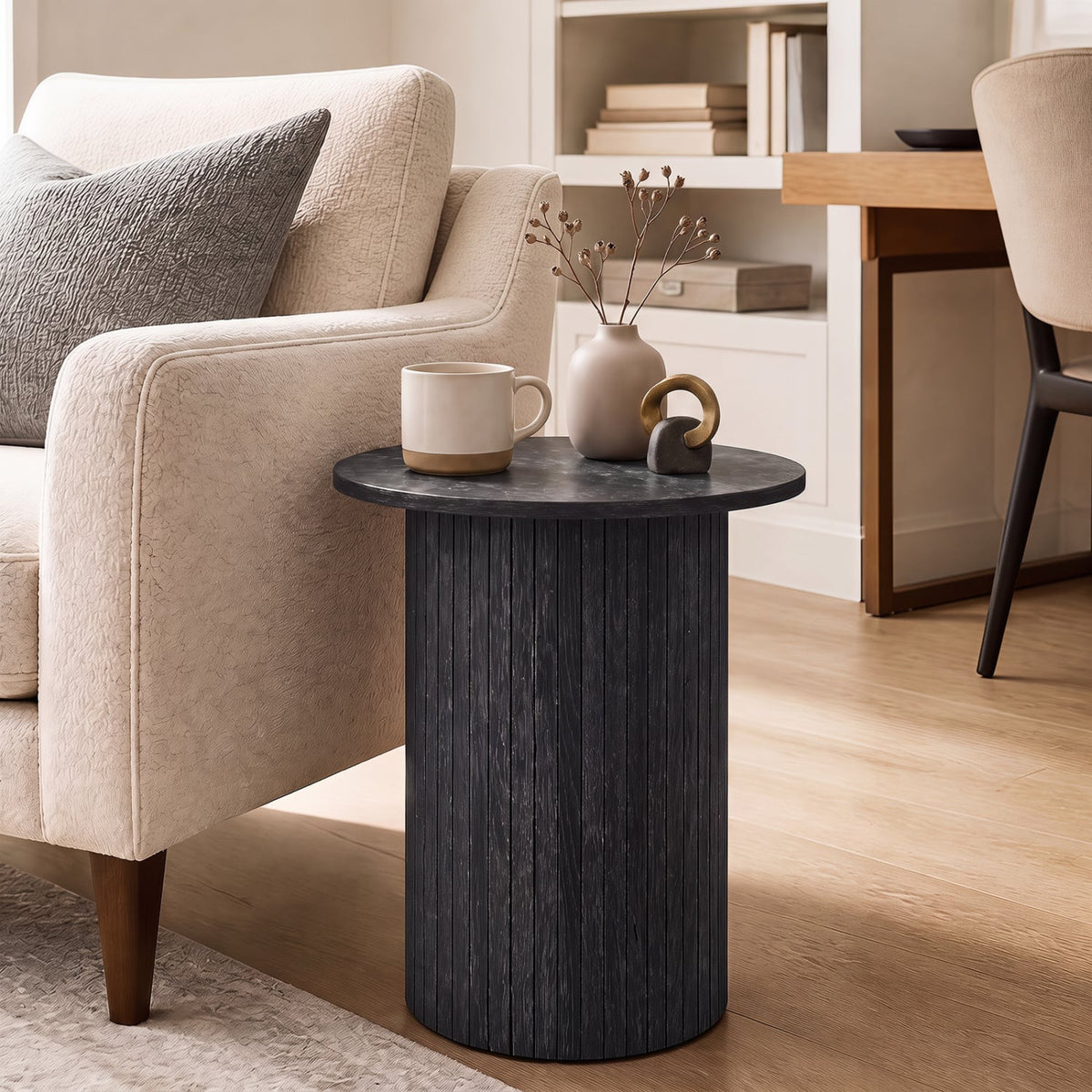 18" Round Fluted Side Table with Pedestal Drum Design and Non-Slip Foot Pads for Small Spaces-Black-End & Side Tables-DECOROLALA