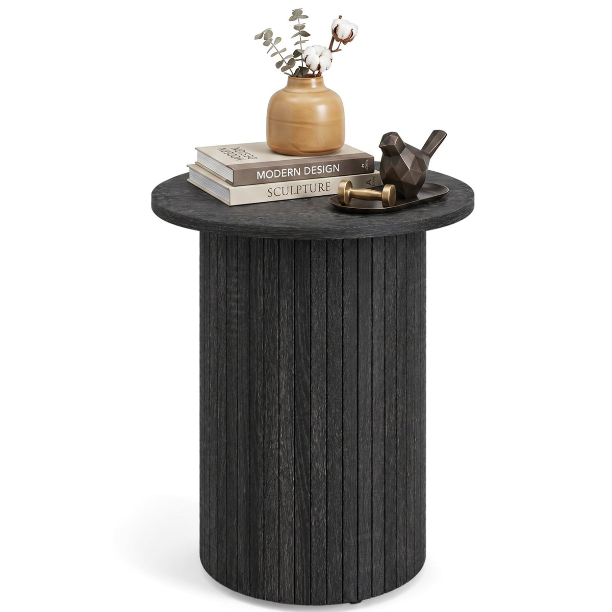 18" Round Fluted Side Table with Pedestal Drum Design and Non-Slip Foot Pads for Small Spaces-Black-End & Side Tables-DECOROLALA