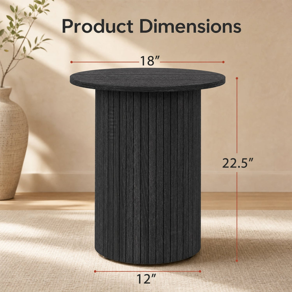 18" Round Fluted Side Table with Pedestal Drum Design and Non-Slip Foot Pads for Small Spaces-Black-End & Side Tables-DECOROLALA