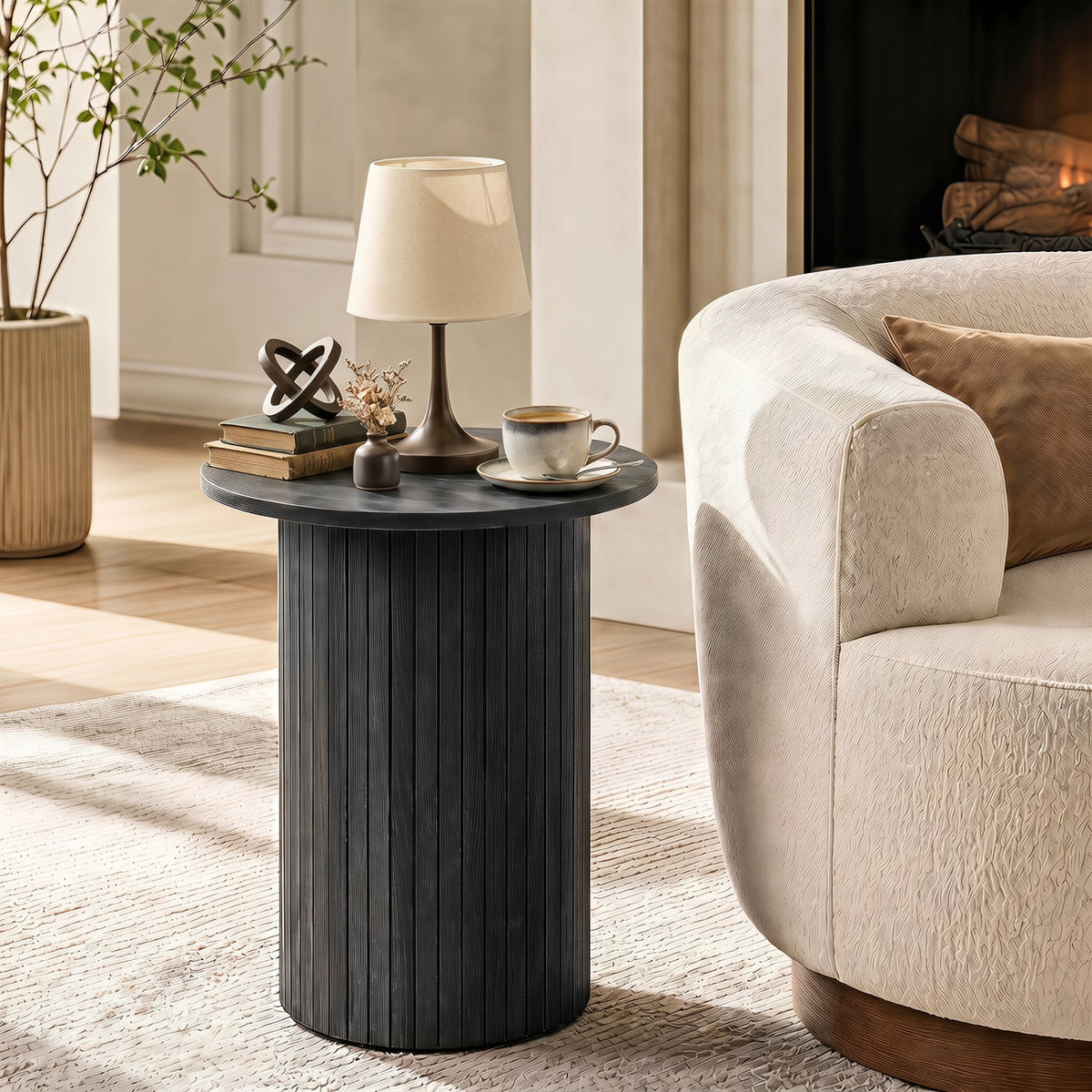 18" Round Fluted Side Table with Pedestal Drum Design and Non-Slip Foot Pads for Small Spaces-Black-End & Side Tables-DECOROLALA