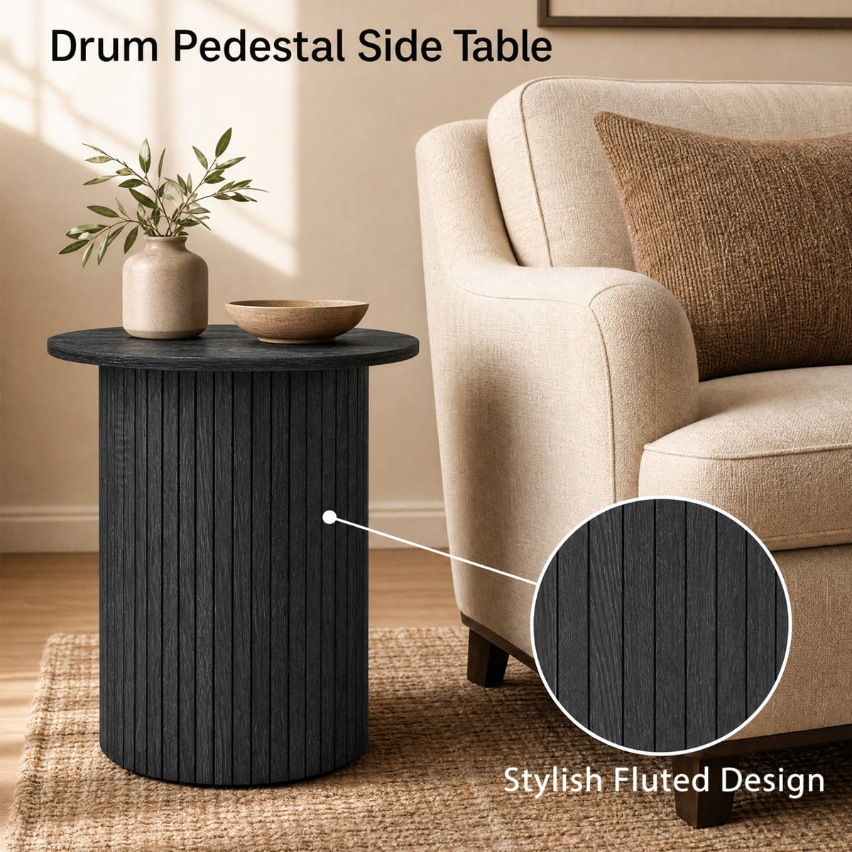 18" Round Fluted Side Table with Pedestal Drum Design and Non-Slip Foot Pads for Small Spaces-Black-End & Side Tables-DECOROLALA