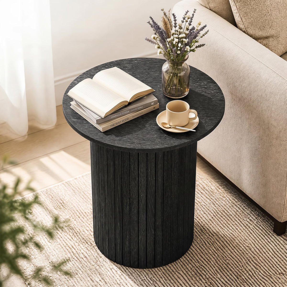 18" Round Fluted Side Table with Pedestal Drum Design and Non-Slip Foot Pads for Small Spaces-Black-End & Side Tables-DECOROLALA