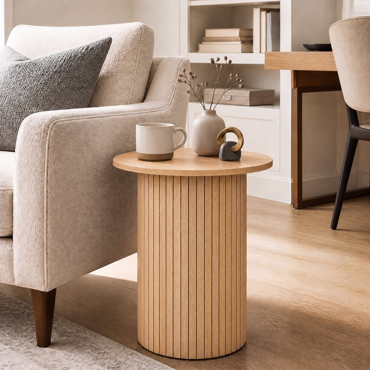 18" Round Fluted Side Table with Pedestal Drum Design and Non-Slip Foot Pads for Small Spaces-Natrual-End & Side Tables-DECOROLALA