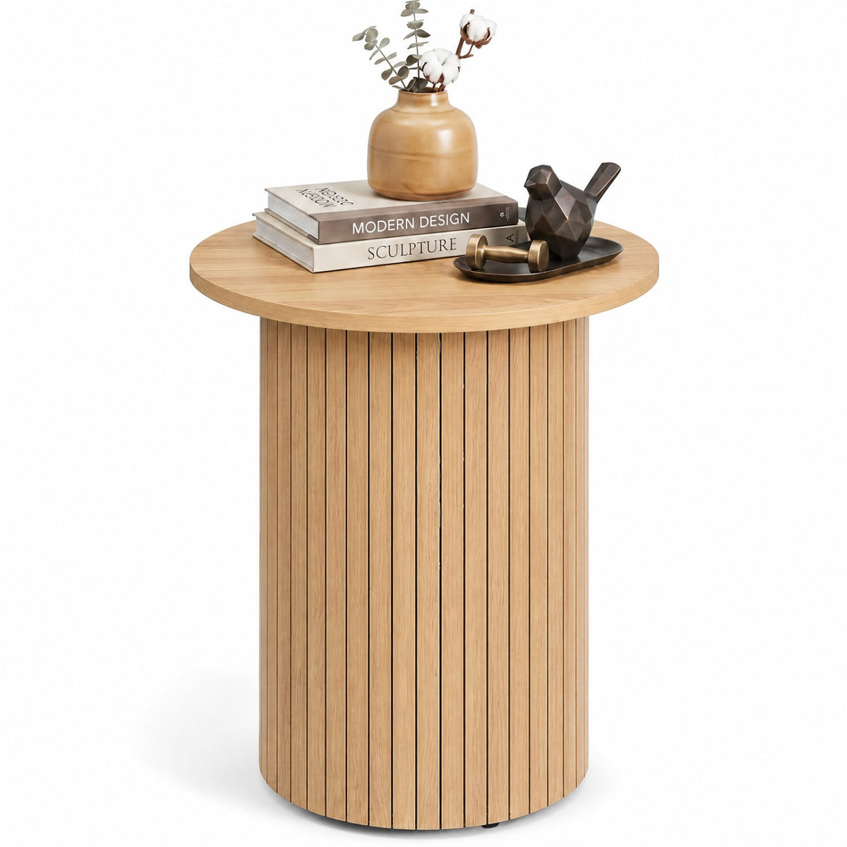 18" Round Fluted Side Table with Pedestal Drum Design and Non-Slip Foot Pads for Small Spaces-Natrual-End & Side Tables-DECOROLALA