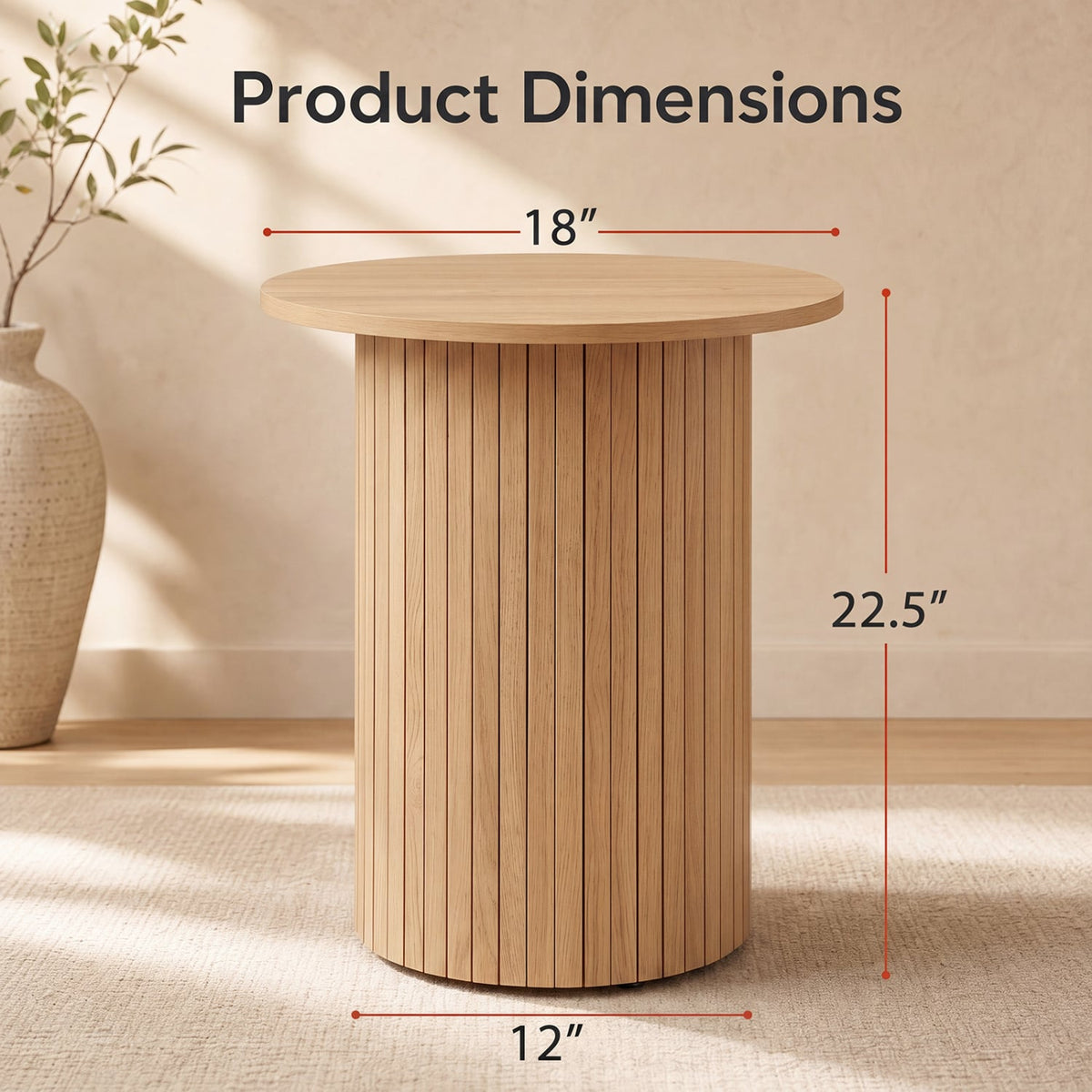 18" Round Fluted Side Table with Pedestal Drum Design and Non-Slip Foot Pads for Small Spaces-Natrual-End & Side Tables-DECOROLALA