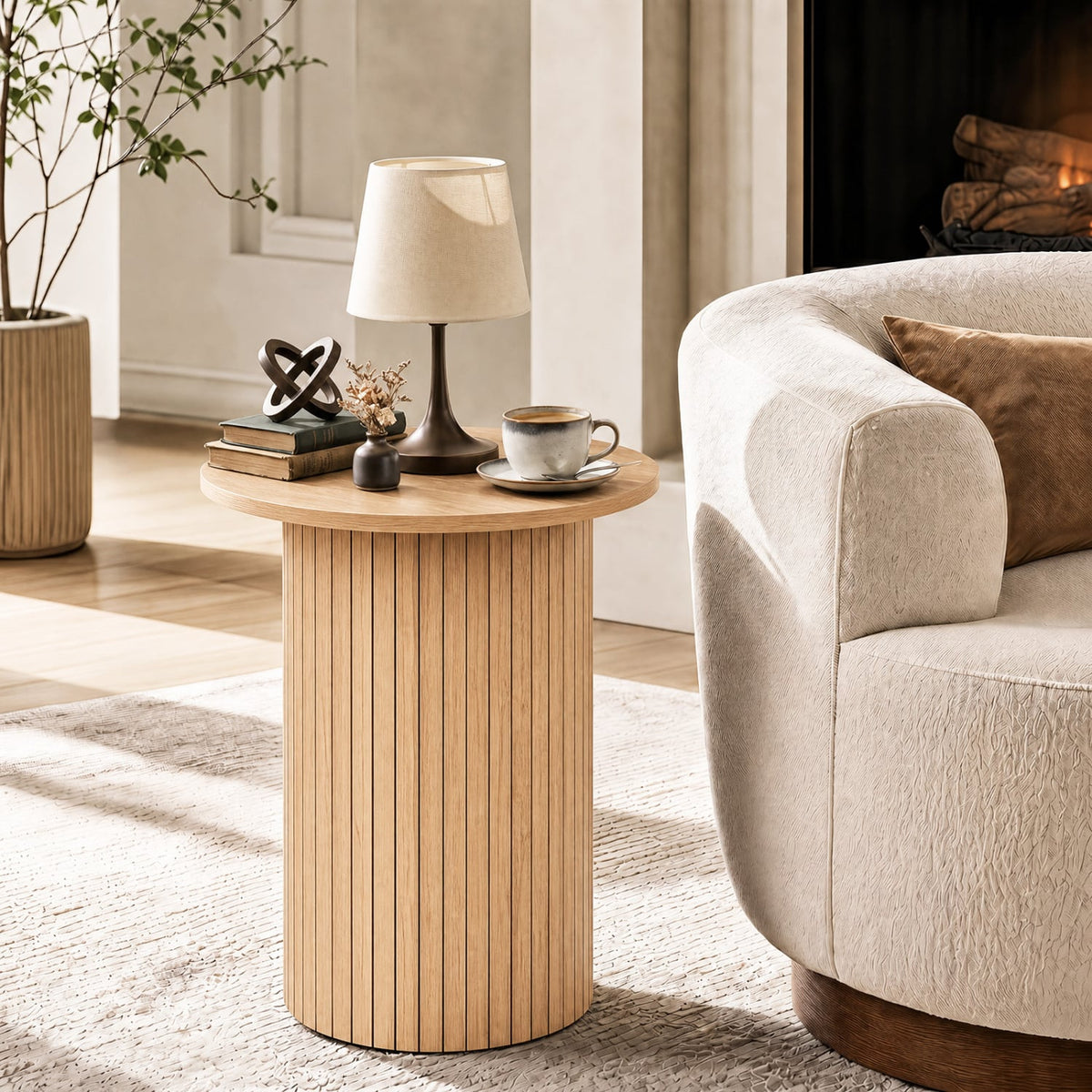 18" Round Fluted Side Table with Pedestal Drum Design and Non-Slip Foot Pads for Small Spaces-Natrual-End & Side Tables-DECOROLALA