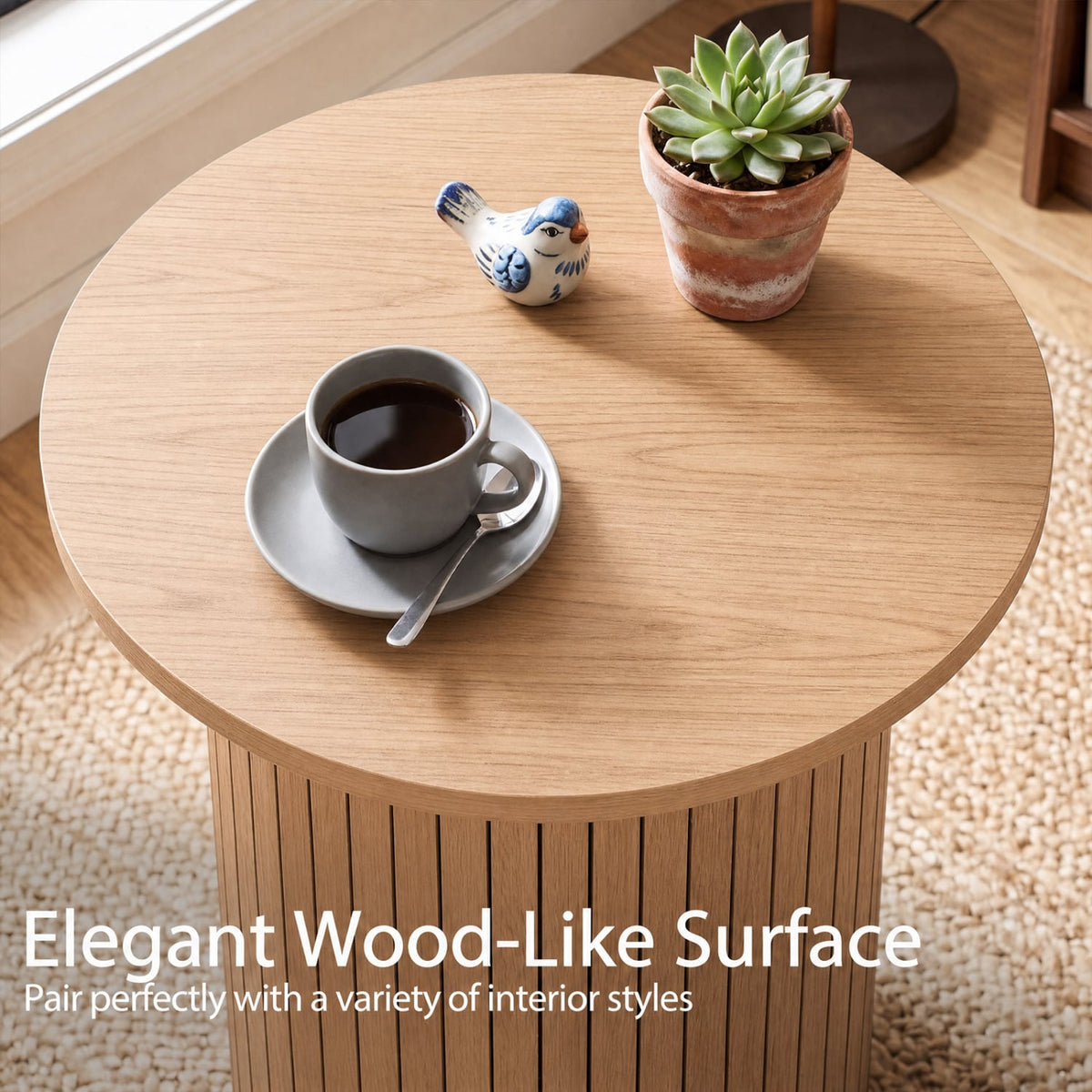 18" Round Fluted Side Table with Pedestal Drum Design and Non-Slip Foot Pads for Small Spaces-Natrual-End & Side Tables-DECOROLALA
