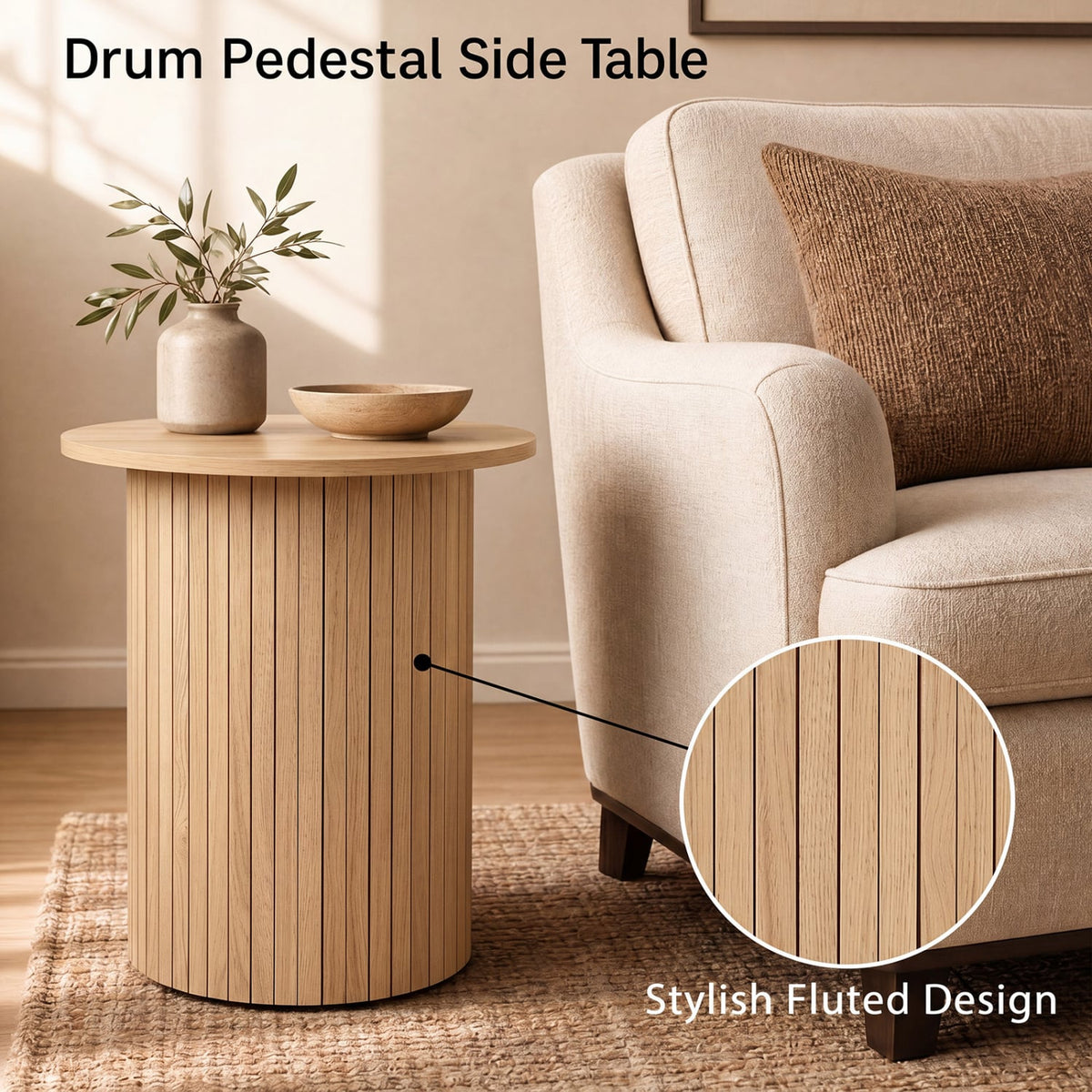 18" Round Fluted Side Table with Pedestal Drum Design and Non-Slip Foot Pads for Small Spaces-Natrual-End & Side Tables-DECOROLALA
