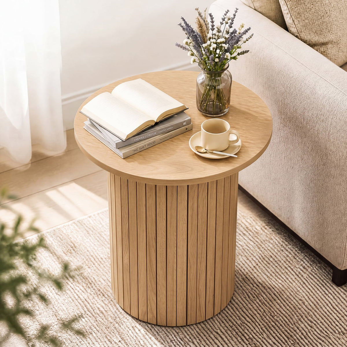 18" Round Fluted Side Table with Pedestal Drum Design and Non-Slip Foot Pads for Small Spaces-Natrual-End & Side Tables-DECOROLALA