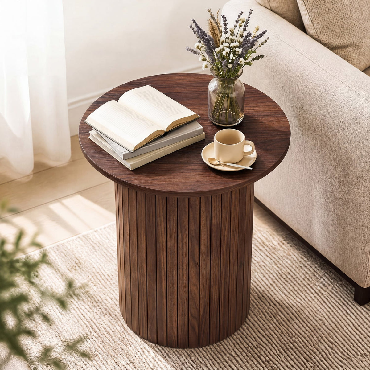 18" Round Fluted Side Table with Pedestal Drum Design and Non-Slip Foot Pads for Small Spaces-Walnut-End & Side Tables-DECOROLALA