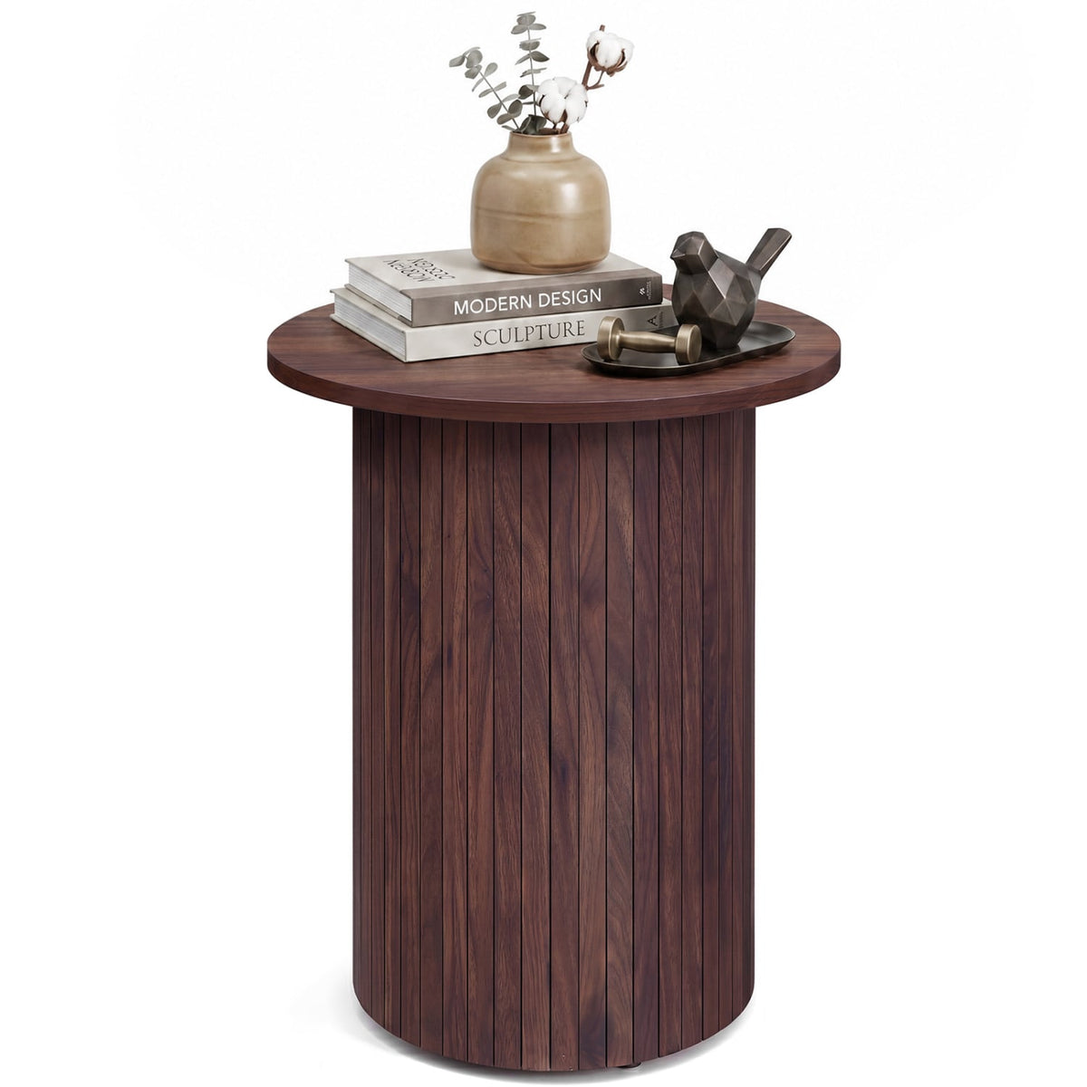 18" Round Fluted Side Table with Pedestal Drum Design and Non-Slip Foot Pads for Small Spaces-Walnut-End & Side Tables-DECOROLALA
