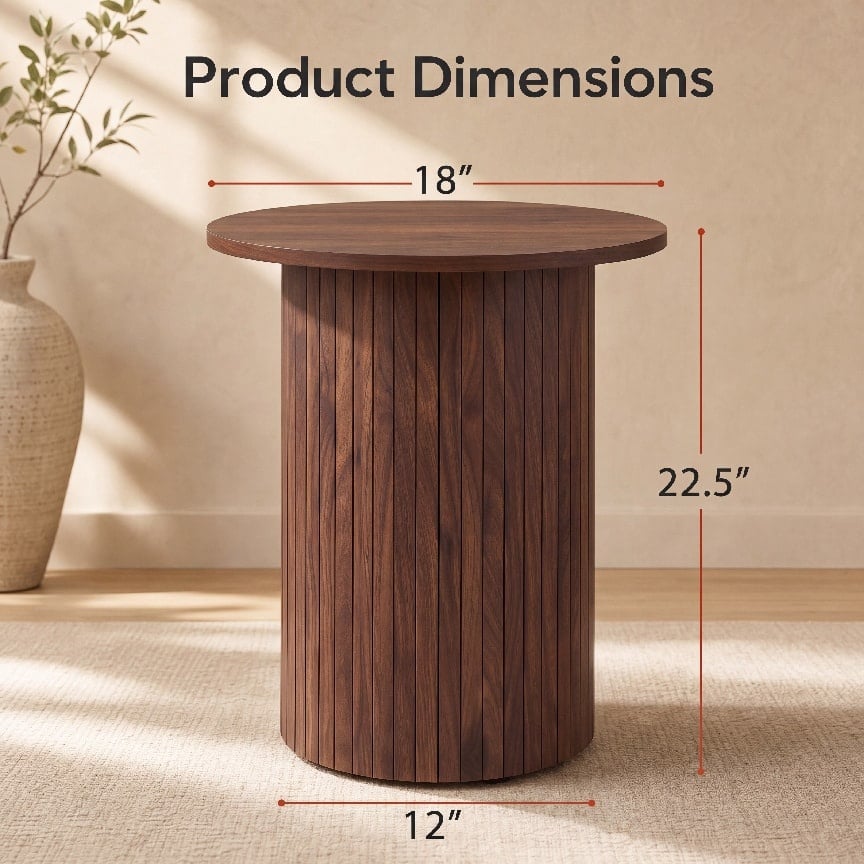 18" Round Fluted Side Table with Pedestal Drum Design and Non-Slip Foot Pads for Small Spaces-Walnut-End & Side Tables-DECOROLALA