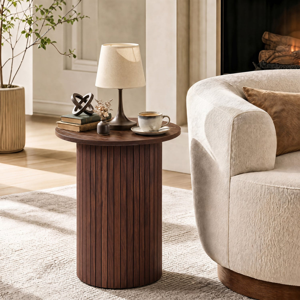 18" Round Fluted Side Table with Pedestal Drum Design and Non-Slip Foot Pads for Small Spaces-Walnut-End & Side Tables-DECOROLALA