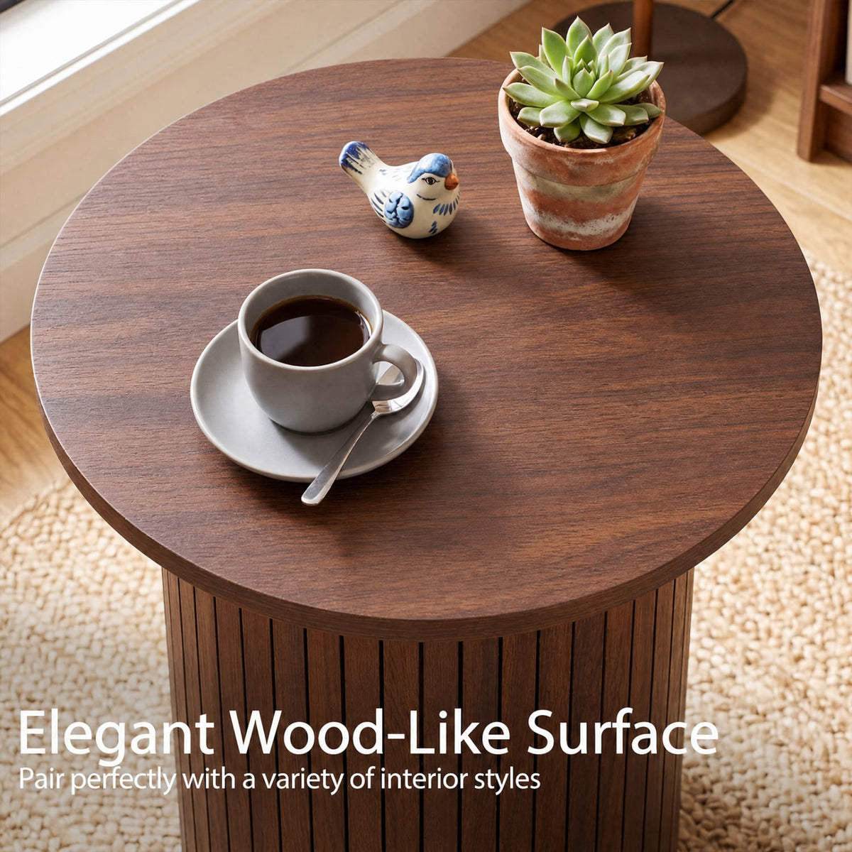 18" Round Fluted Side Table with Pedestal Drum Design and Non-Slip Foot Pads for Small Spaces-Walnut-End & Side Tables-DECOROLALA
