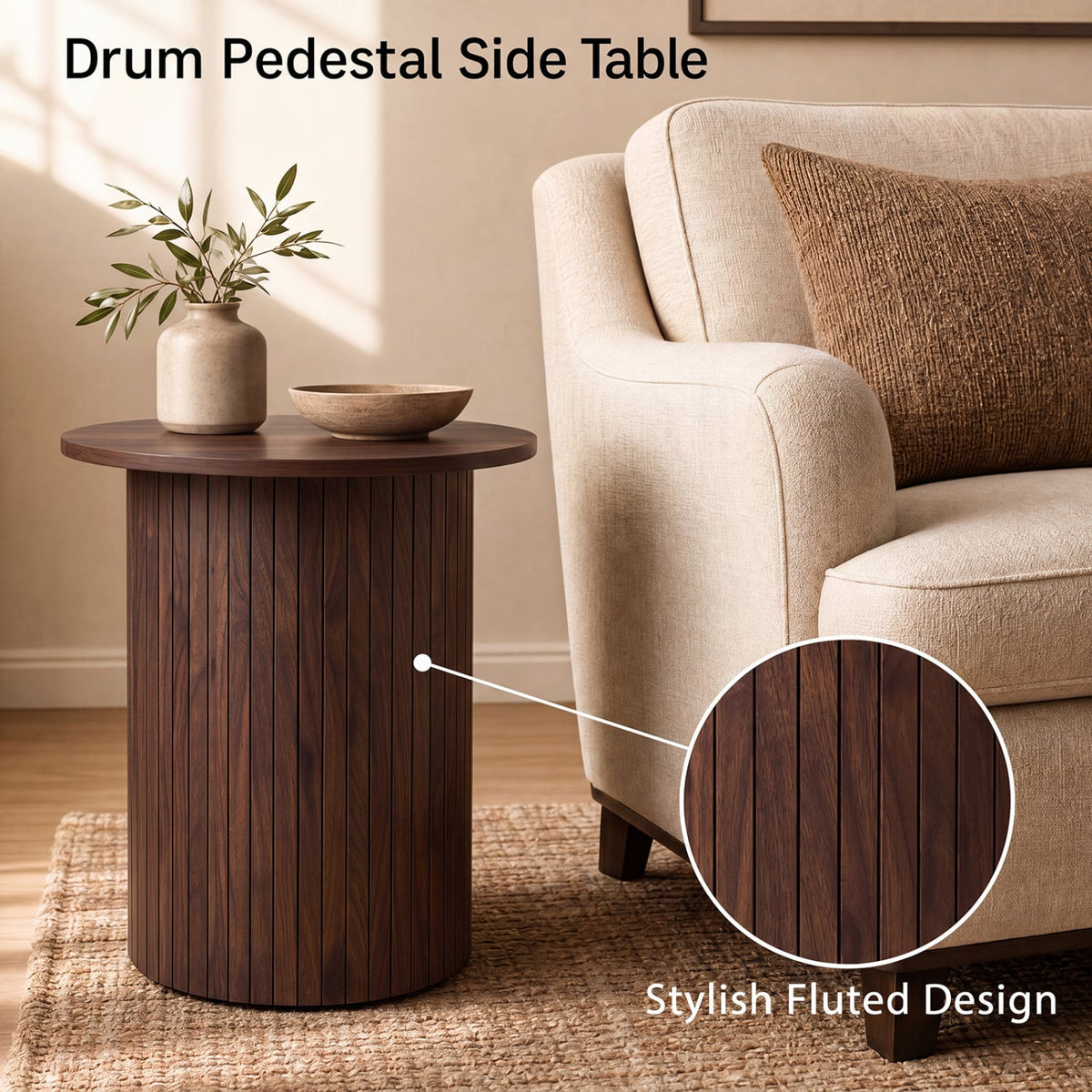 18" Round Fluted Side Table with Pedestal Drum Design and Non-Slip Foot Pads for Small Spaces-Walnut-End & Side Tables-DECOROLALA
