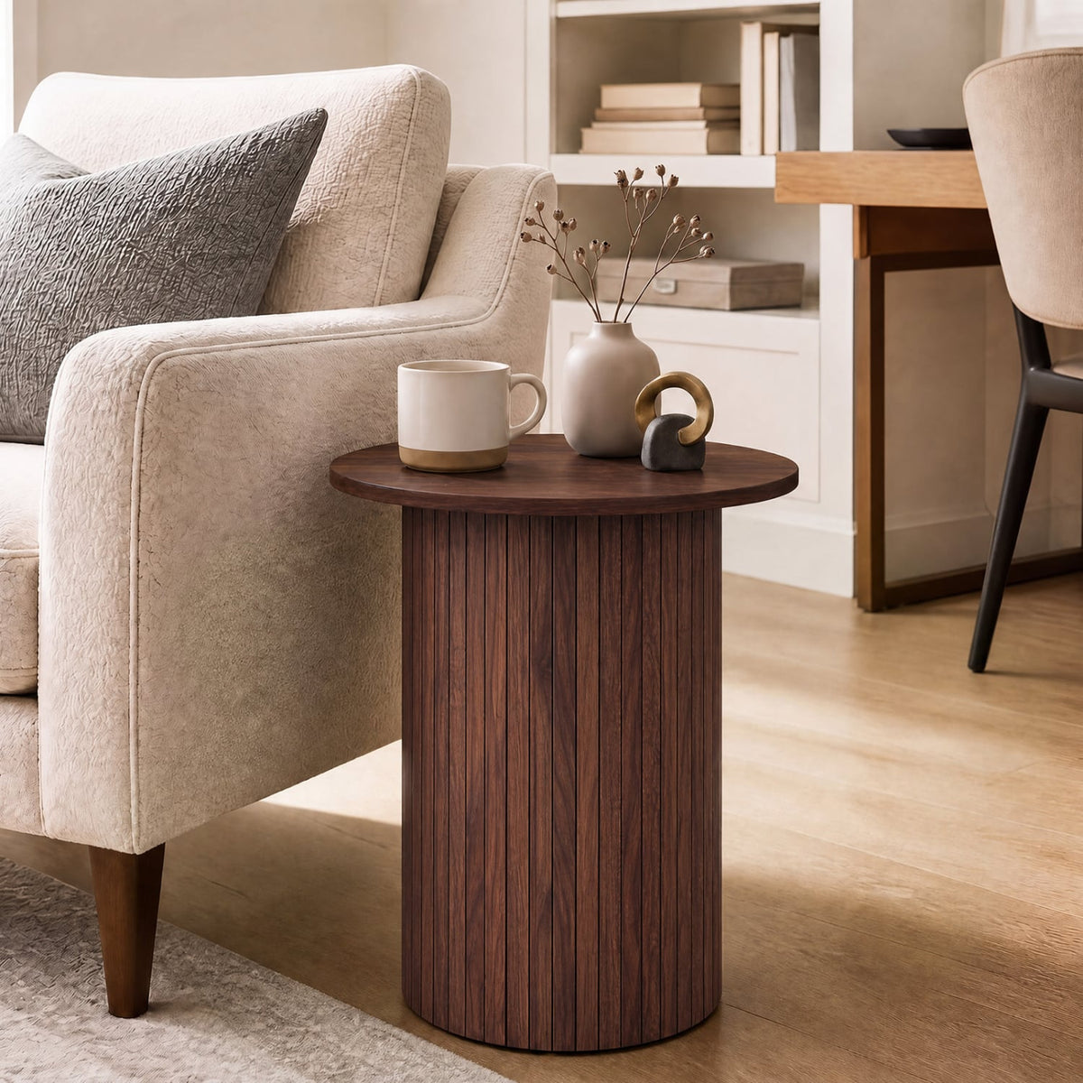 18" Round Fluted Side Table with Pedestal Drum Design and Non-Slip Foot Pads for Small Spaces-Walnut-End & Side Tables-DECOROLALA