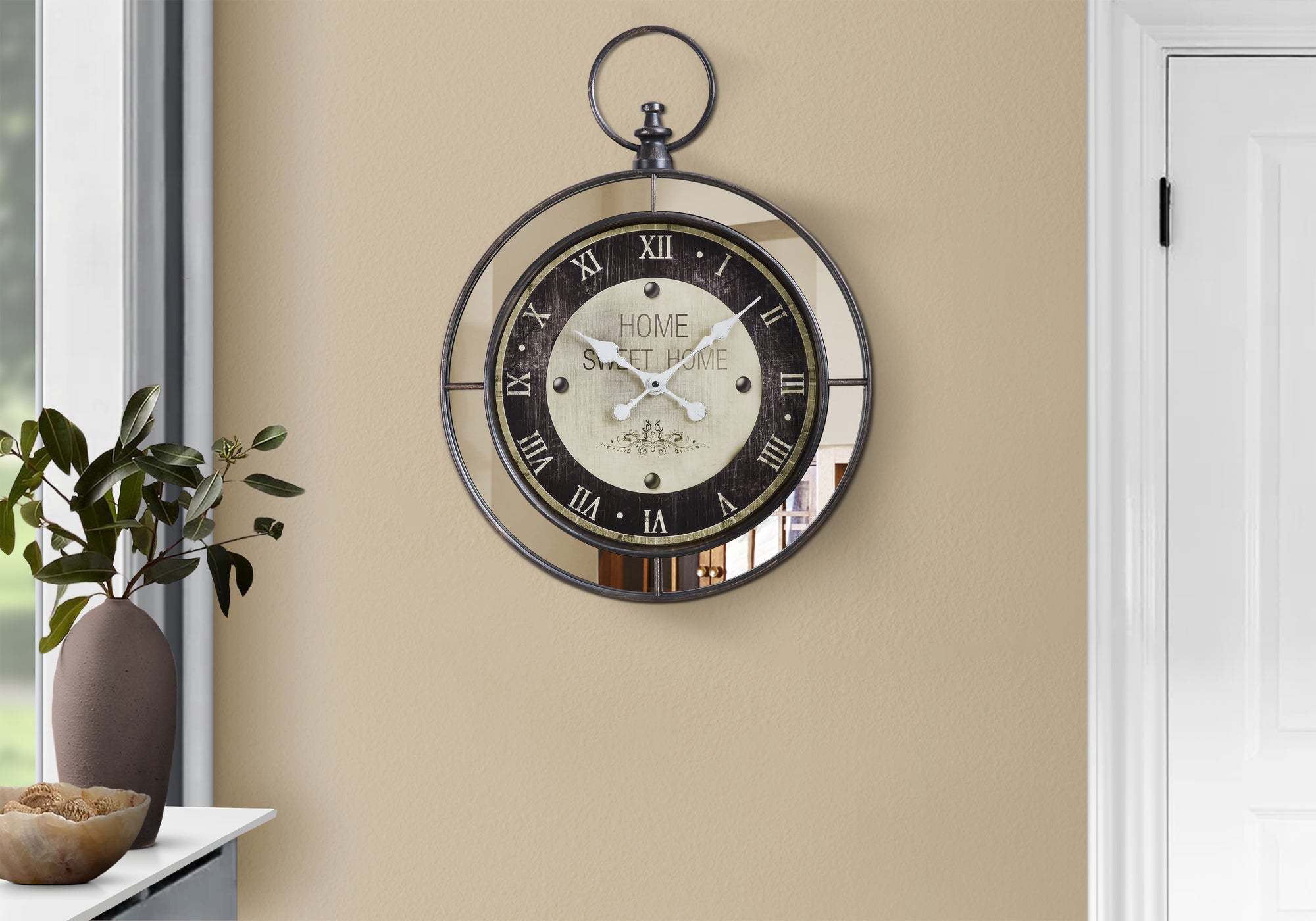 18" Round Wall Clock with Mirror Frame, Brown-Clocks-DECOROLALA