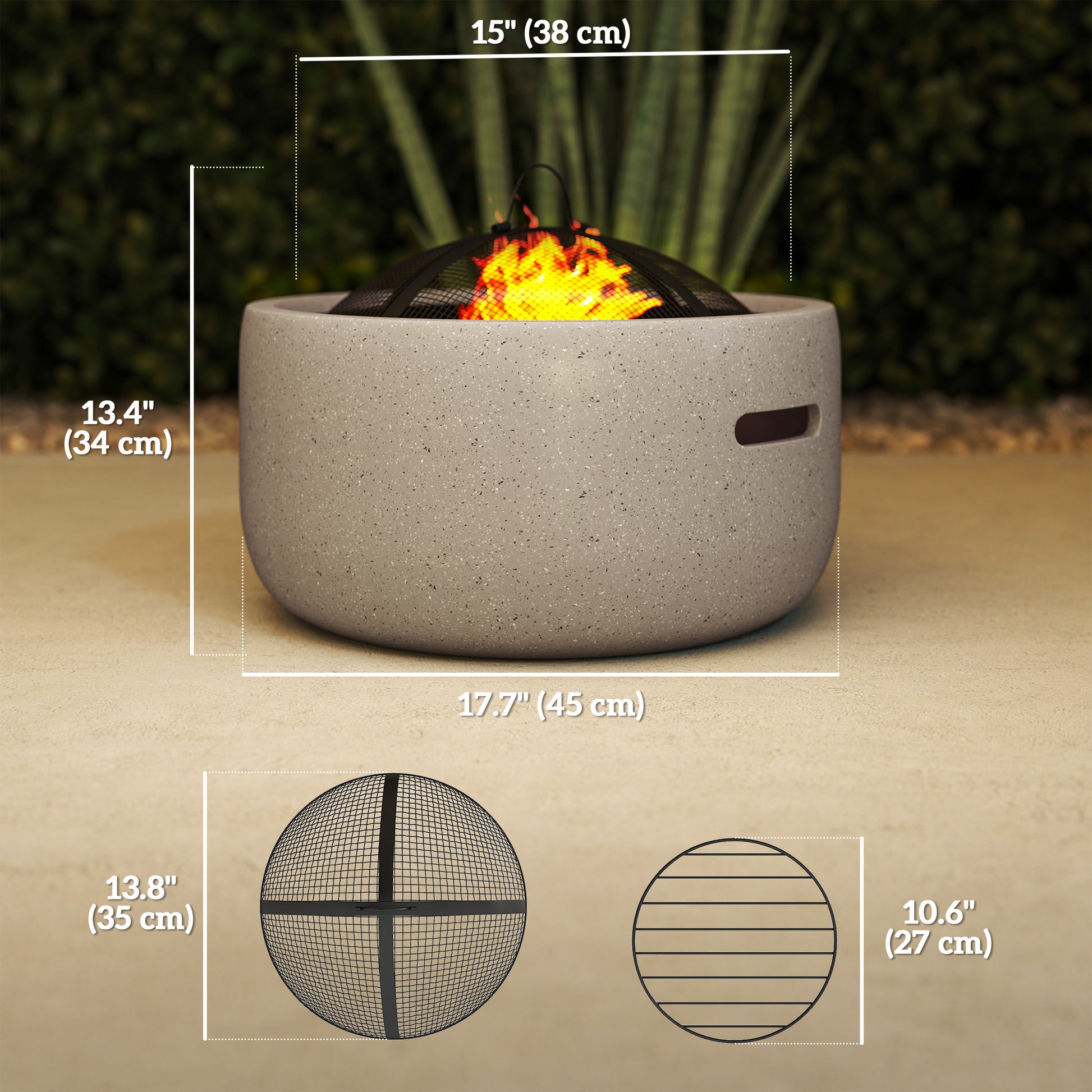 18" Round Wood-Burning Fire Pit with Spark Screen - Grey-Patio & Garden > Fire Pits-DECOROLALA