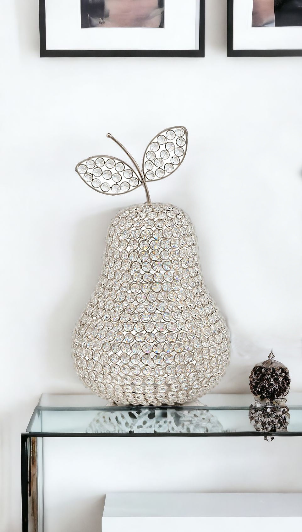 18" Silver Faux Crystal and Silver Decorative Pear Tabletop Sculpture-Sculptures-DECOROLALA