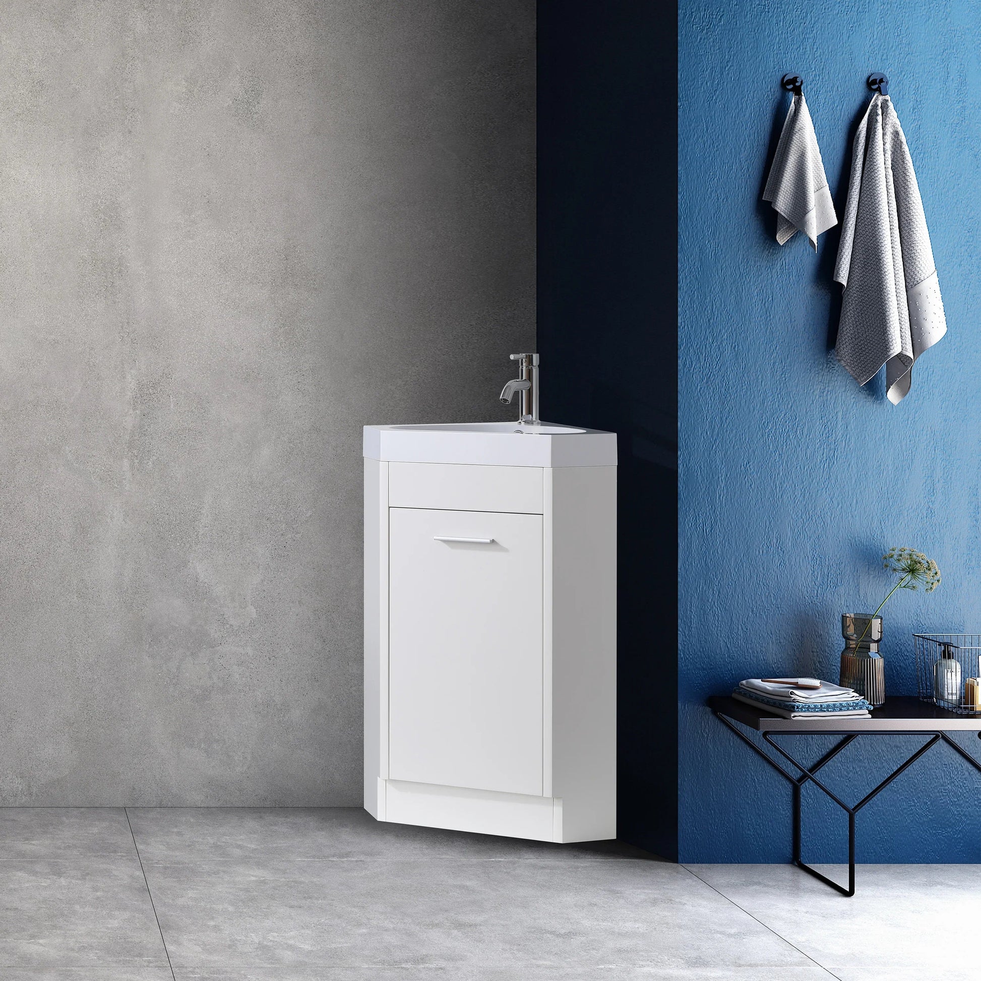 18" White Freestanding Corner Bathroom Vanity with Engineered Stone Countertop-Migration_Bathroom Vanities-DECOROLALA