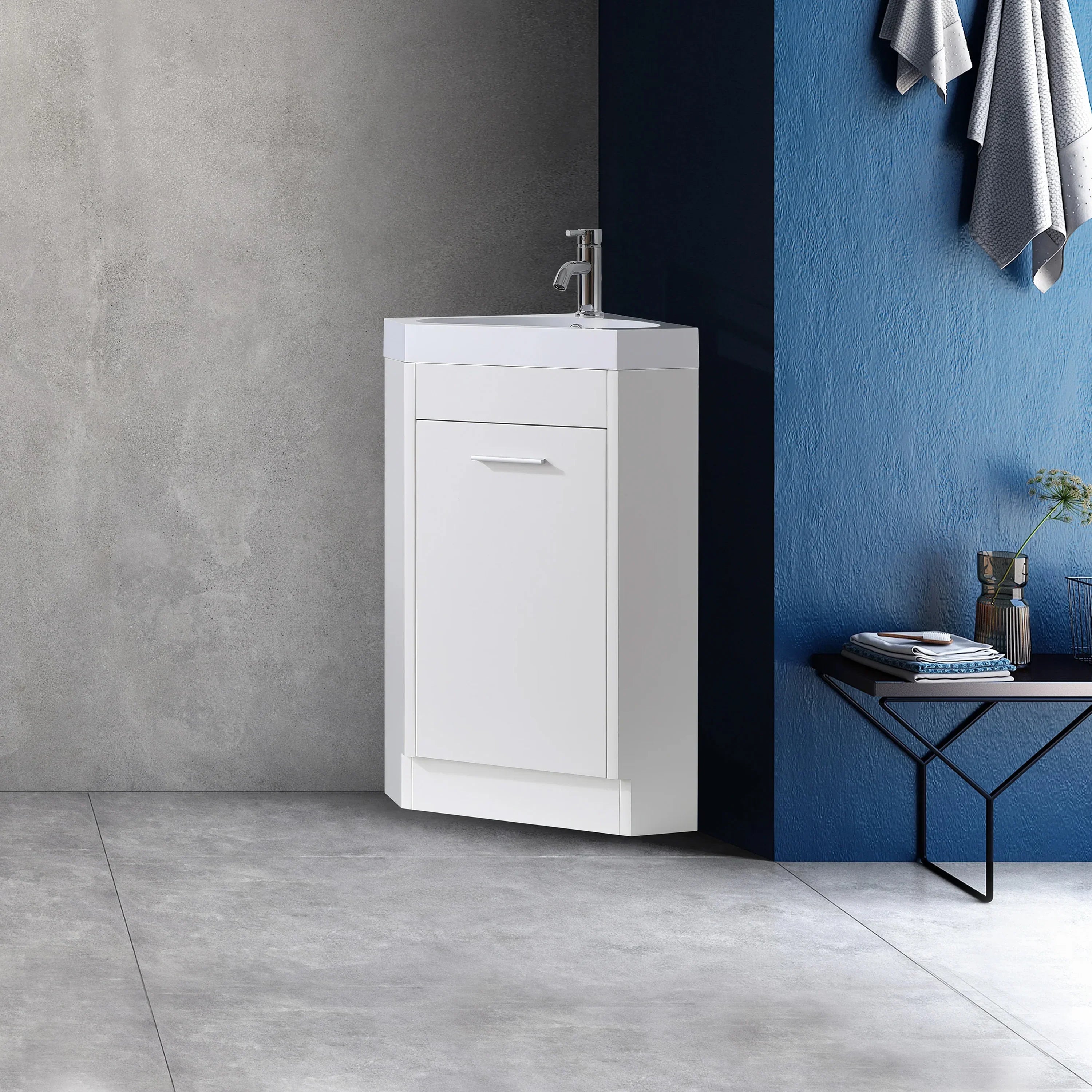 18" White Freestanding Corner Bathroom Vanity with Engineered Stone Countertop-Migration_Bathroom Vanities-DECOROLALA